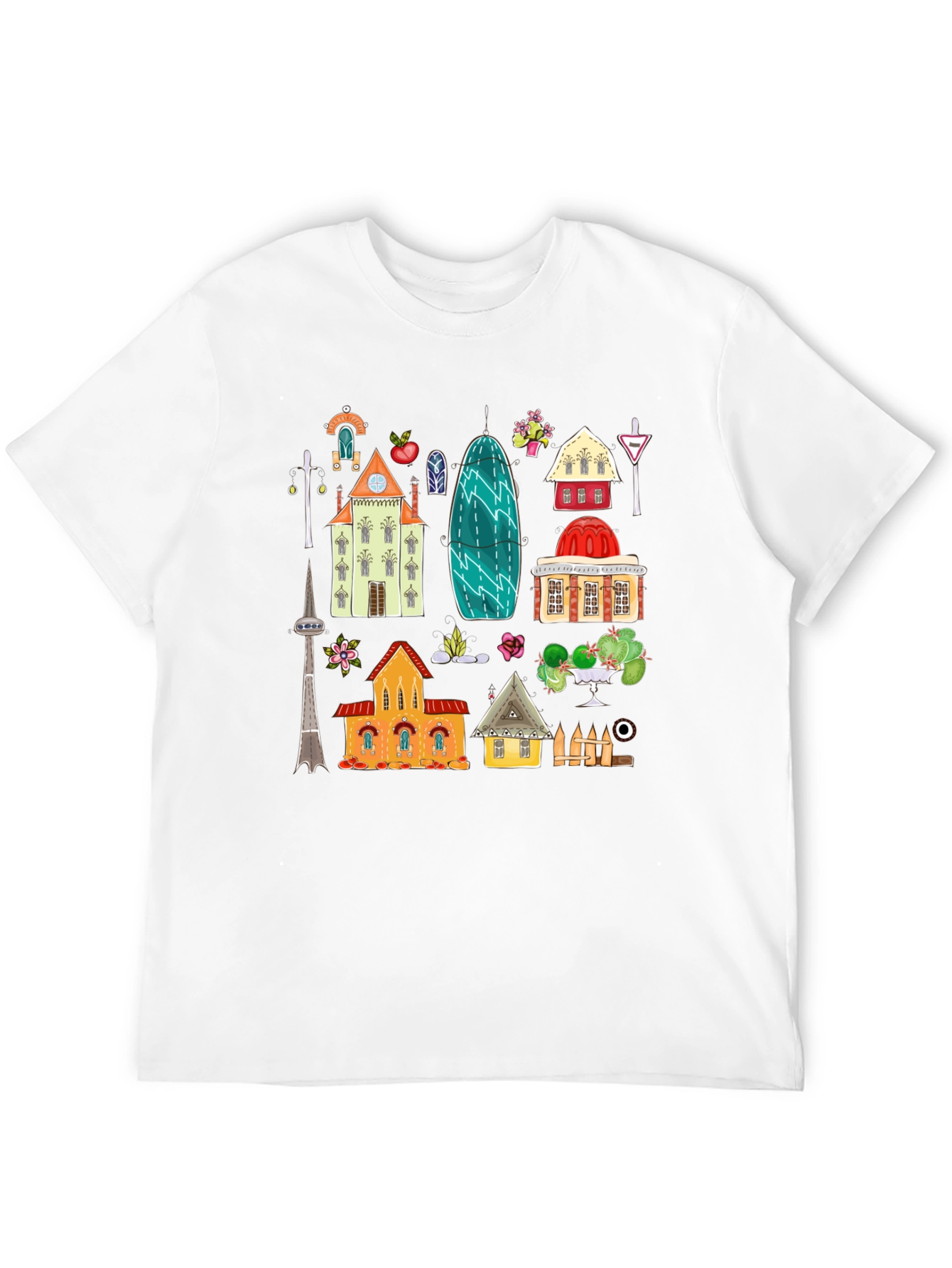 Black Cute Buildings Graphic Black T-Shirt view 12
