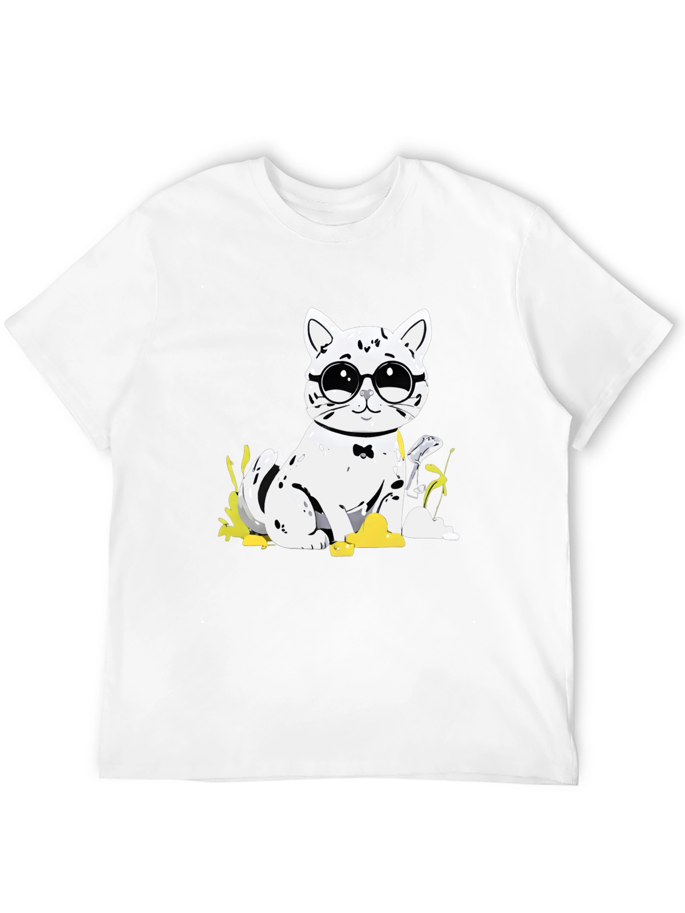 Black Cat with Glasses T-Shirt - Black Cotton Tee view 12