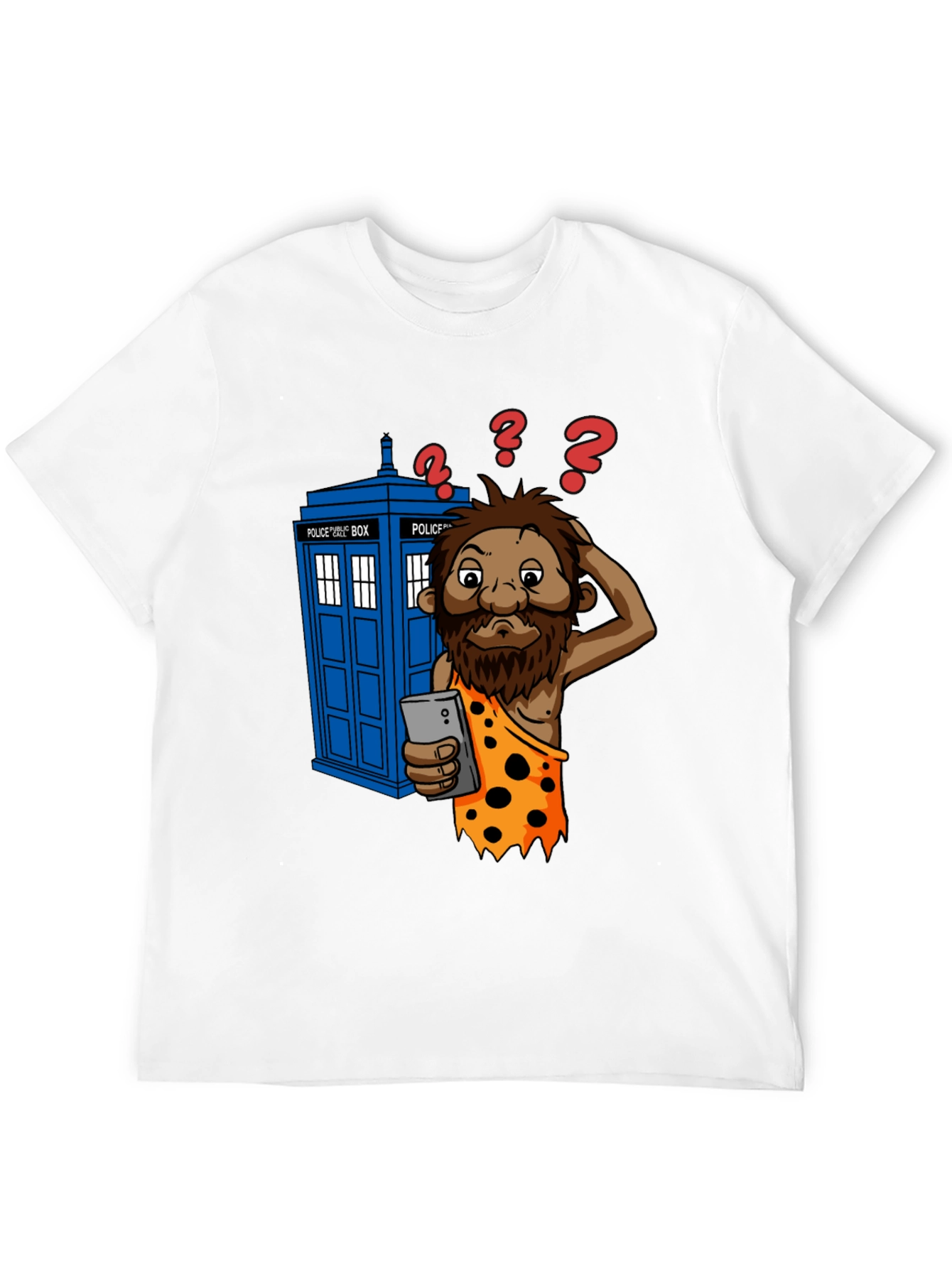 Black Time Traveler T-Shirt - Confused Caveman & Phone view 12