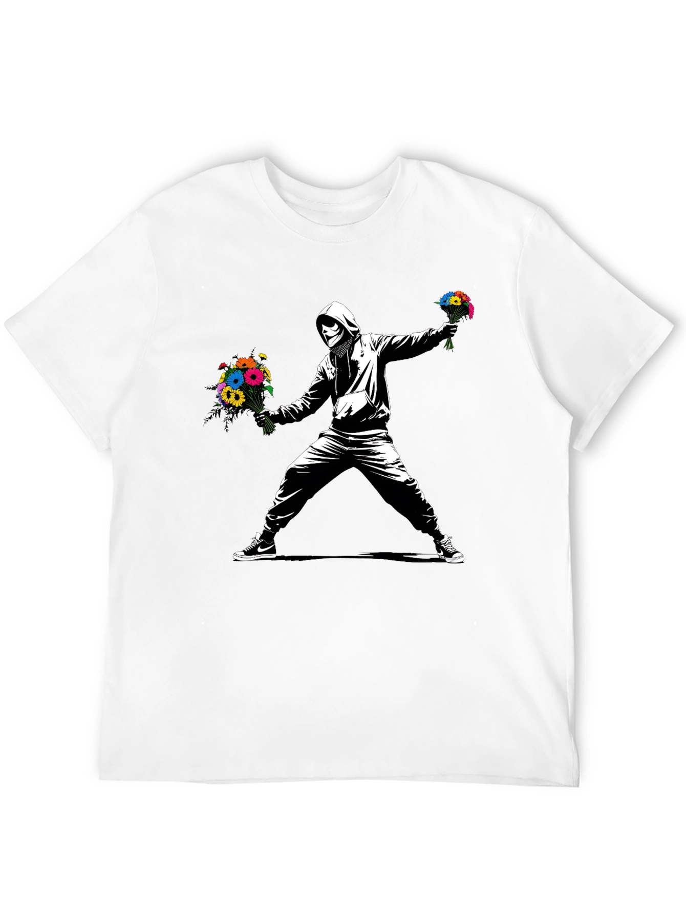 Black Banksy Flower Bomber T-Shirt - Street Art Graphic Tee view 12