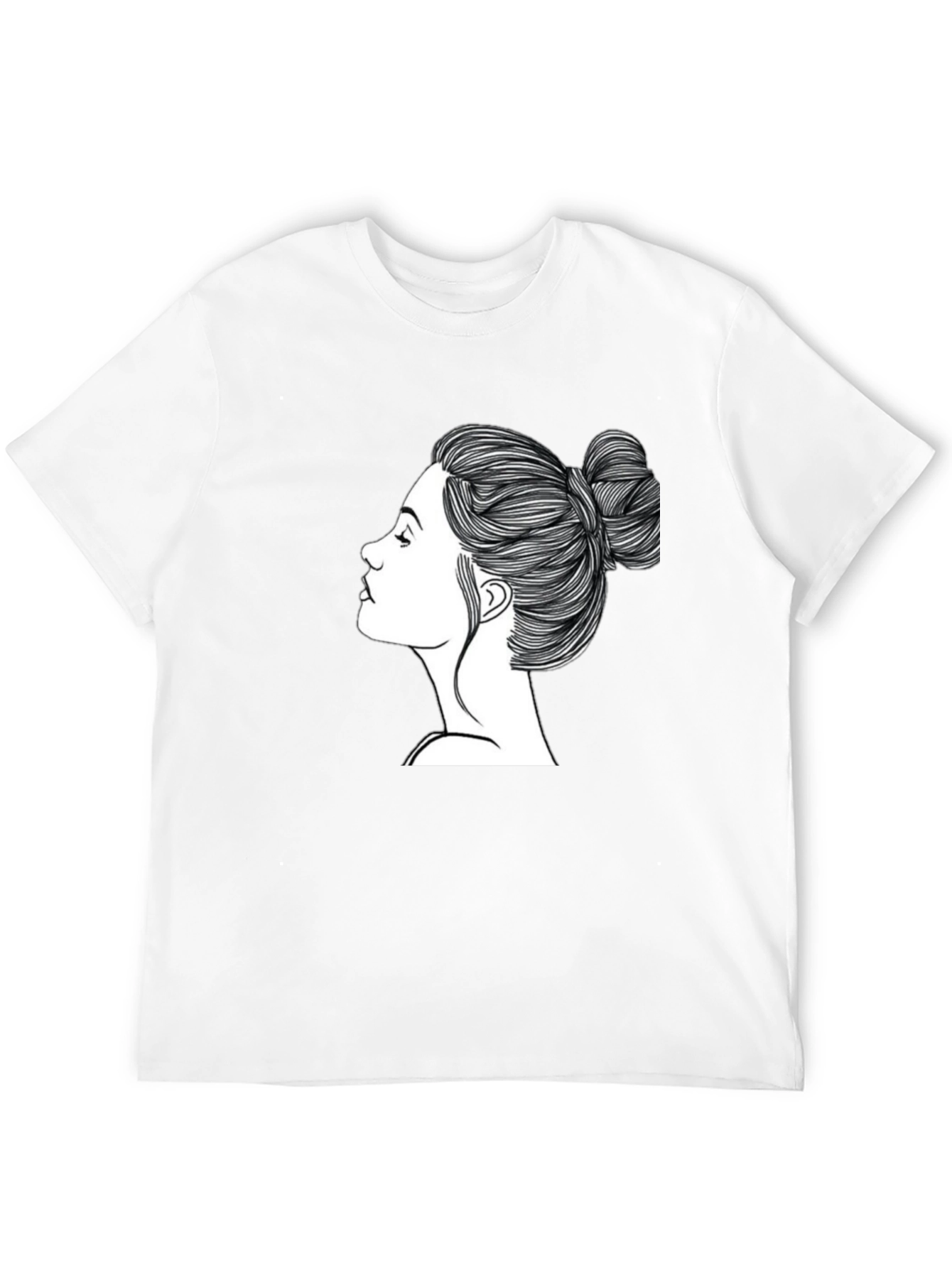 Black Black T-Shirt with Woman's Hair Bun Design view 12