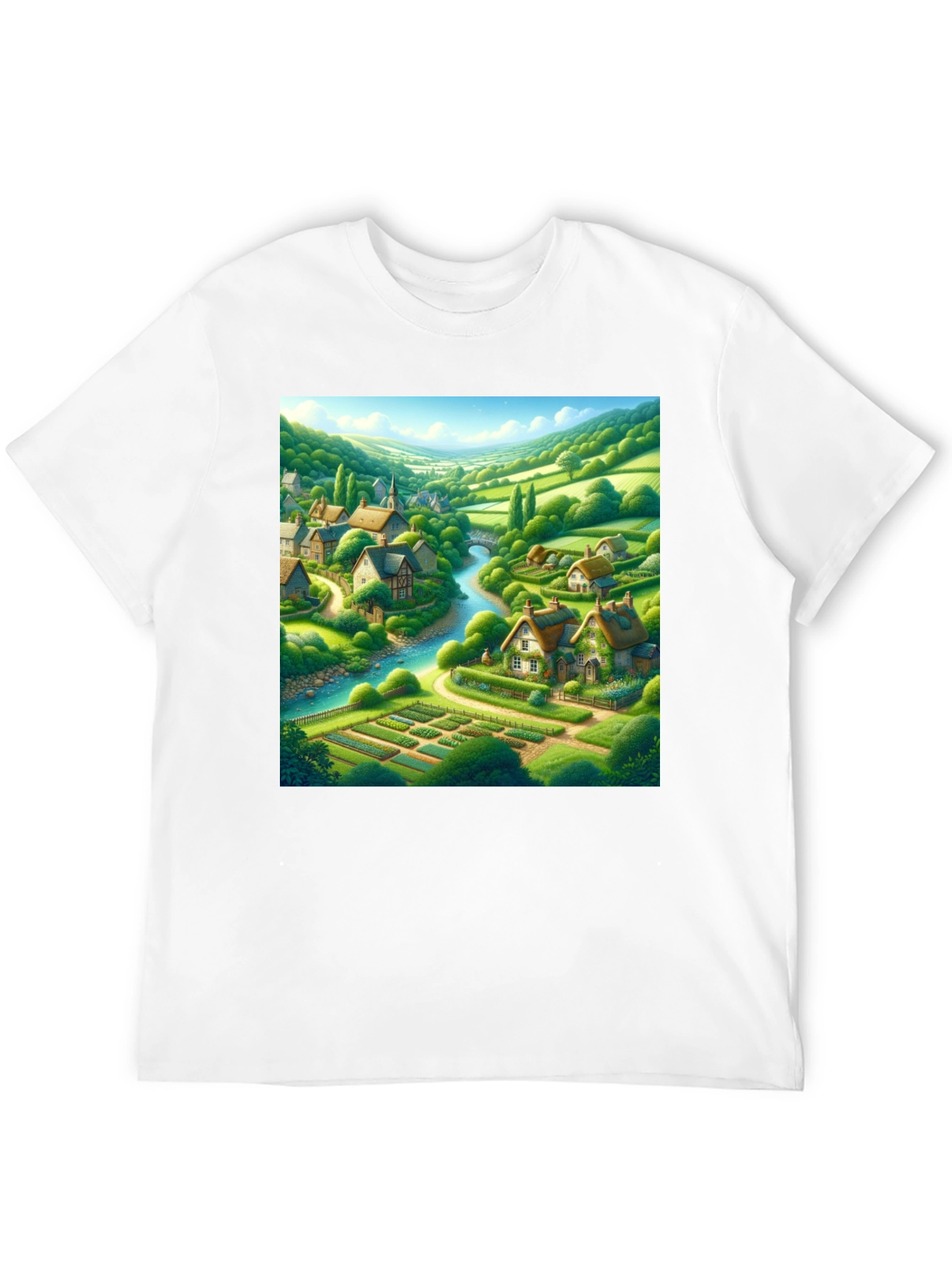 Black Quaint Village T-Shirt - Scenic Landscape Tee view 12