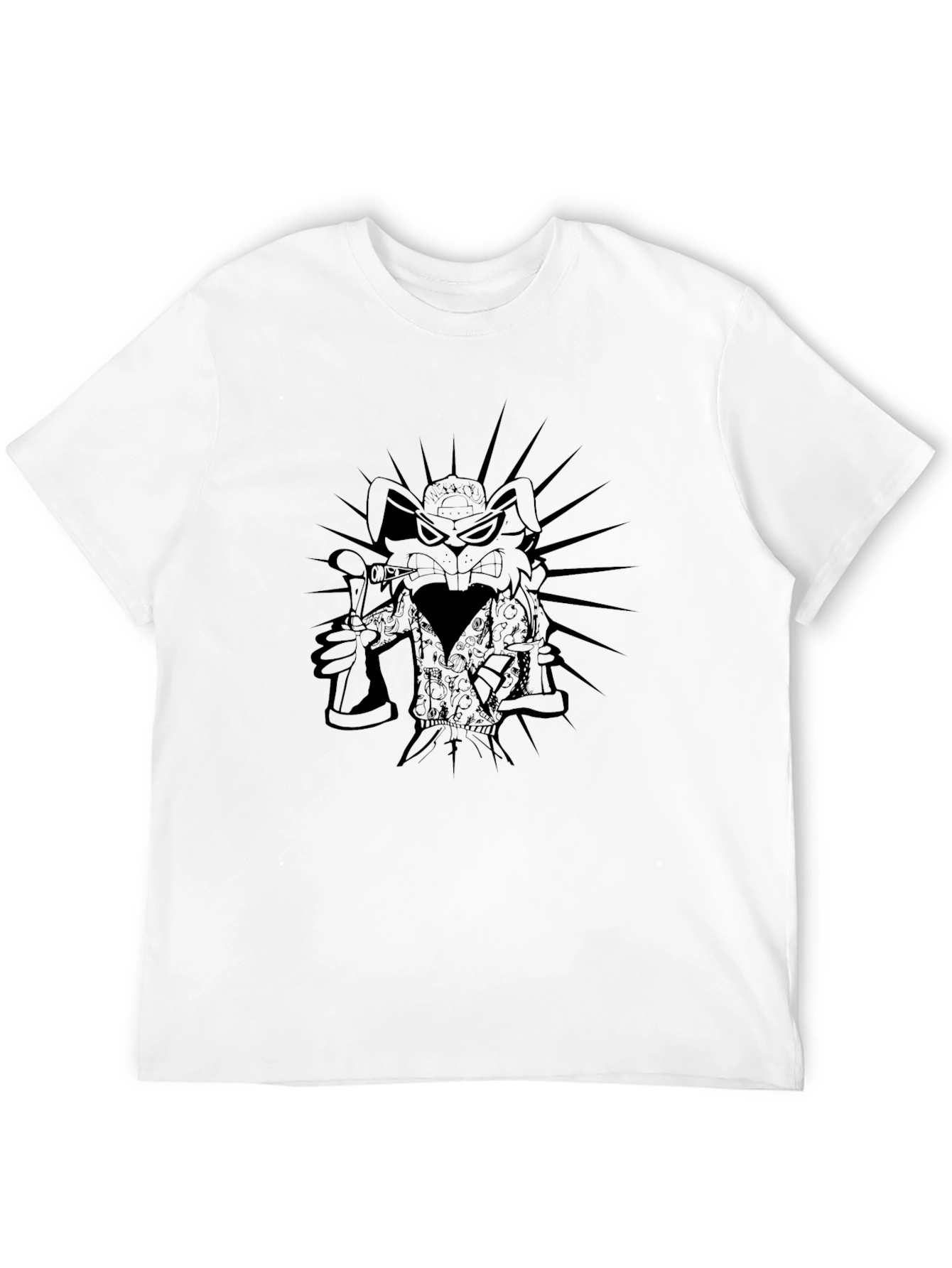 Black Men's Black Graphic T-Shirt - Cartoon Rabbit Design view 12