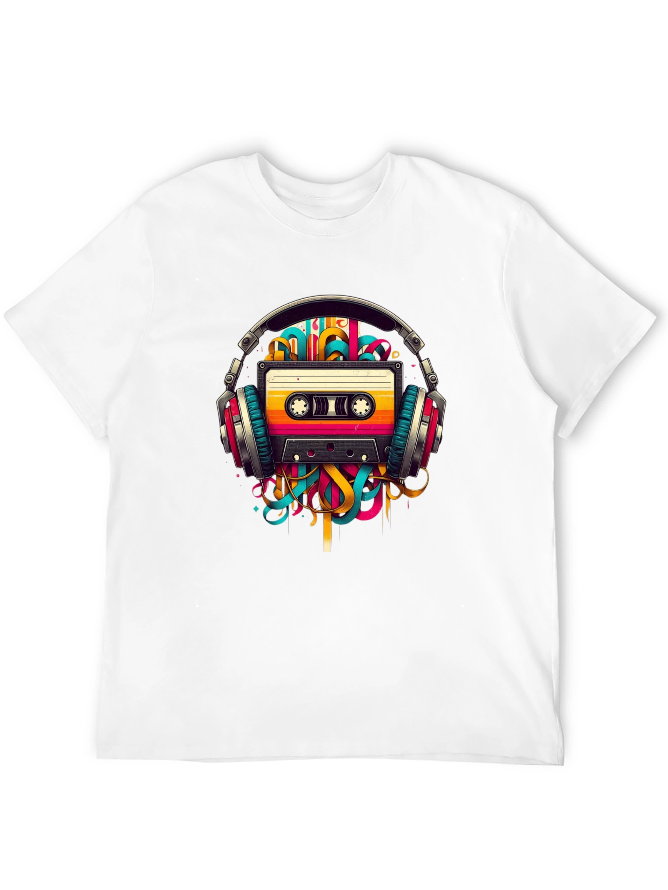 Black Retro Cassette Tape Headphones Graphic T-Shirt view 12