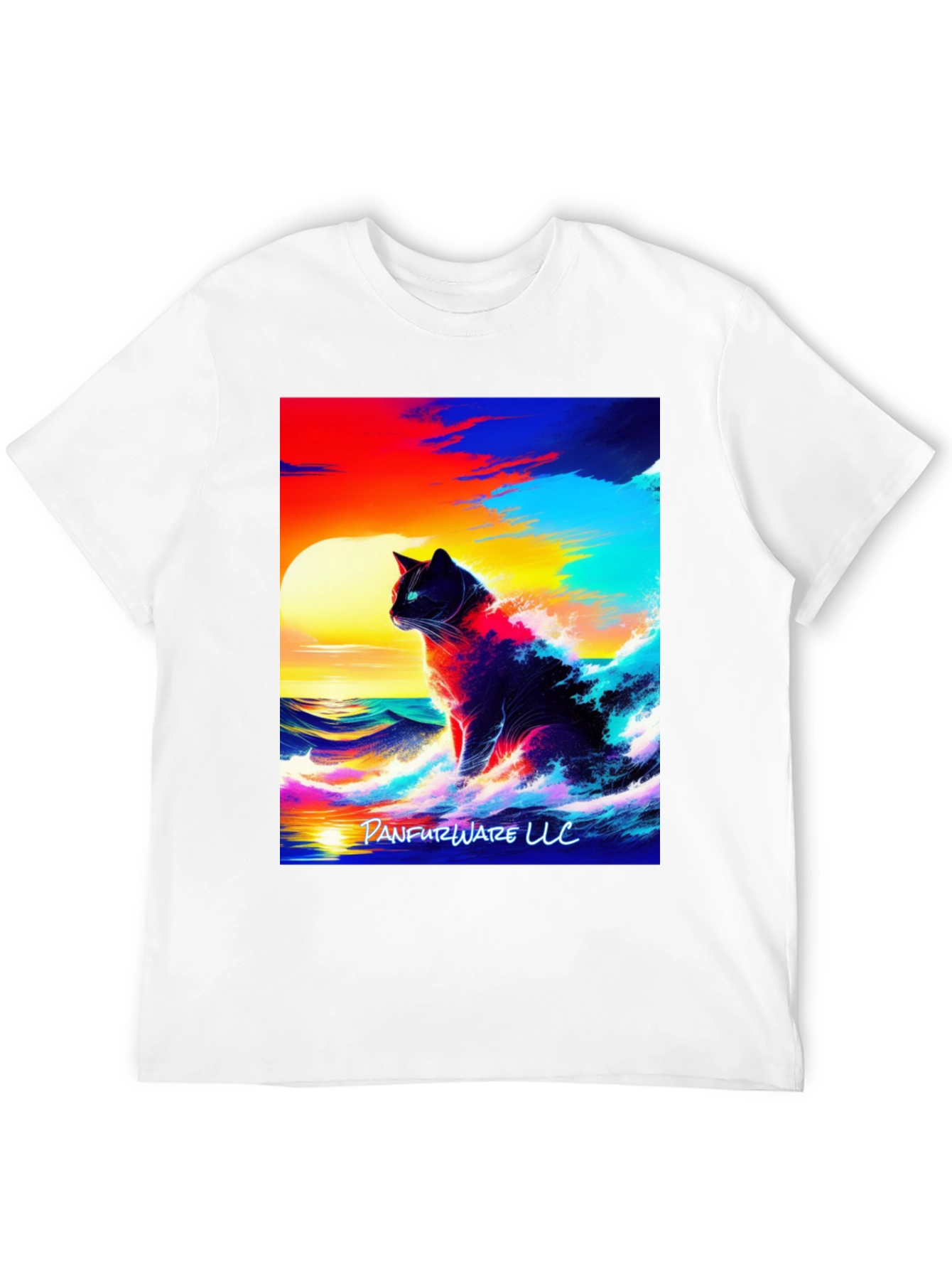 Black Cat Waves T-Shirt - Artistic Sunset Design view 12