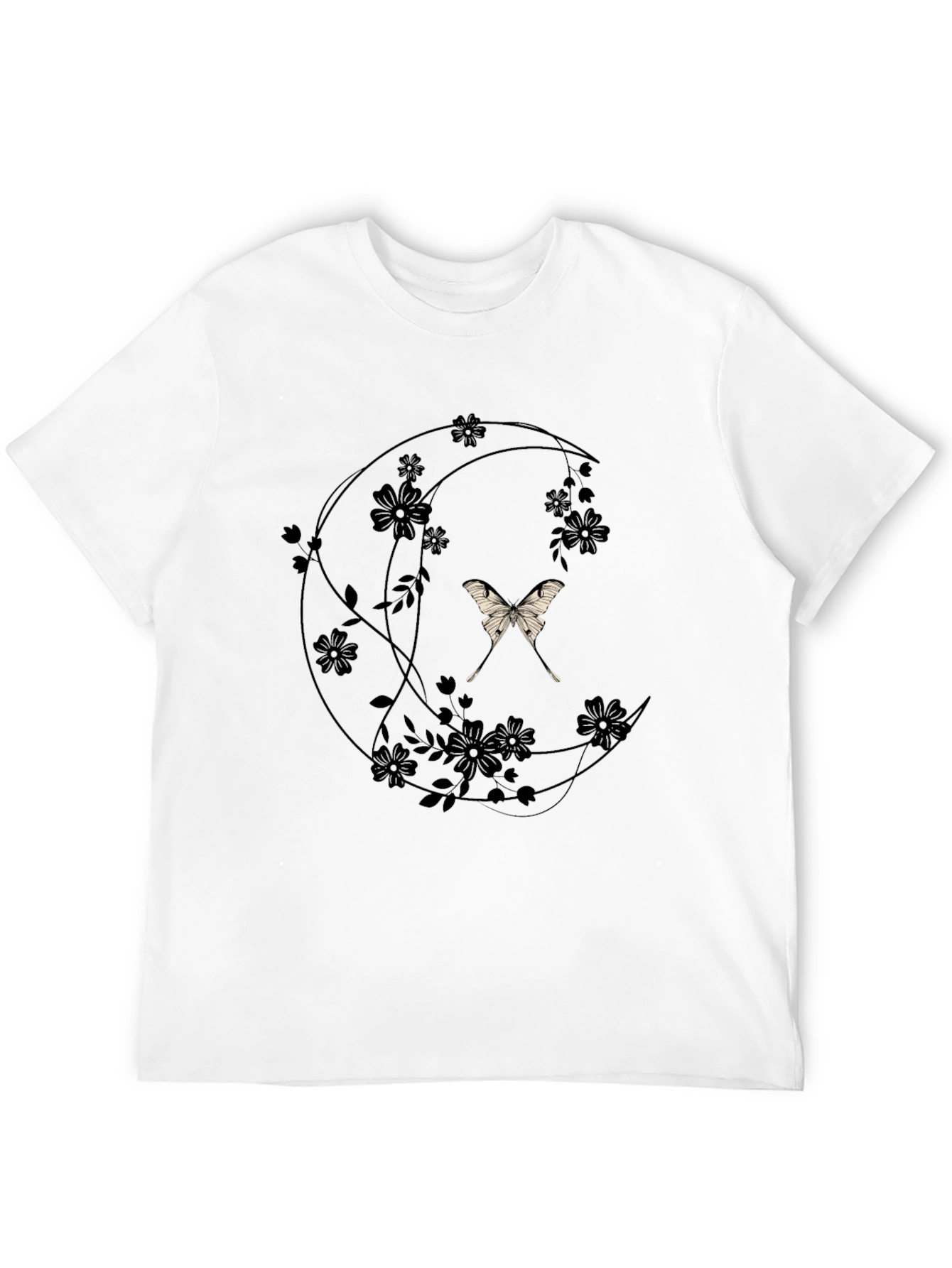 Black Moon Moth Floral T-Shirt - Elegant Dark Tee view 12