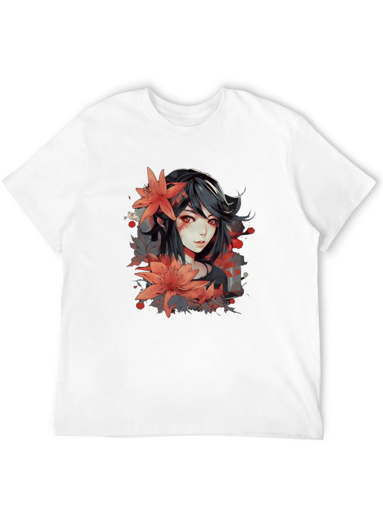 Black Anime Girl Floral Graphic Black T-Shirt view 12