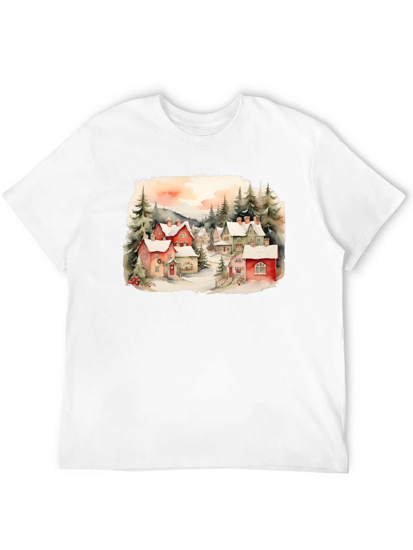 Black Watercolor Winter Village T-Shirt view 12