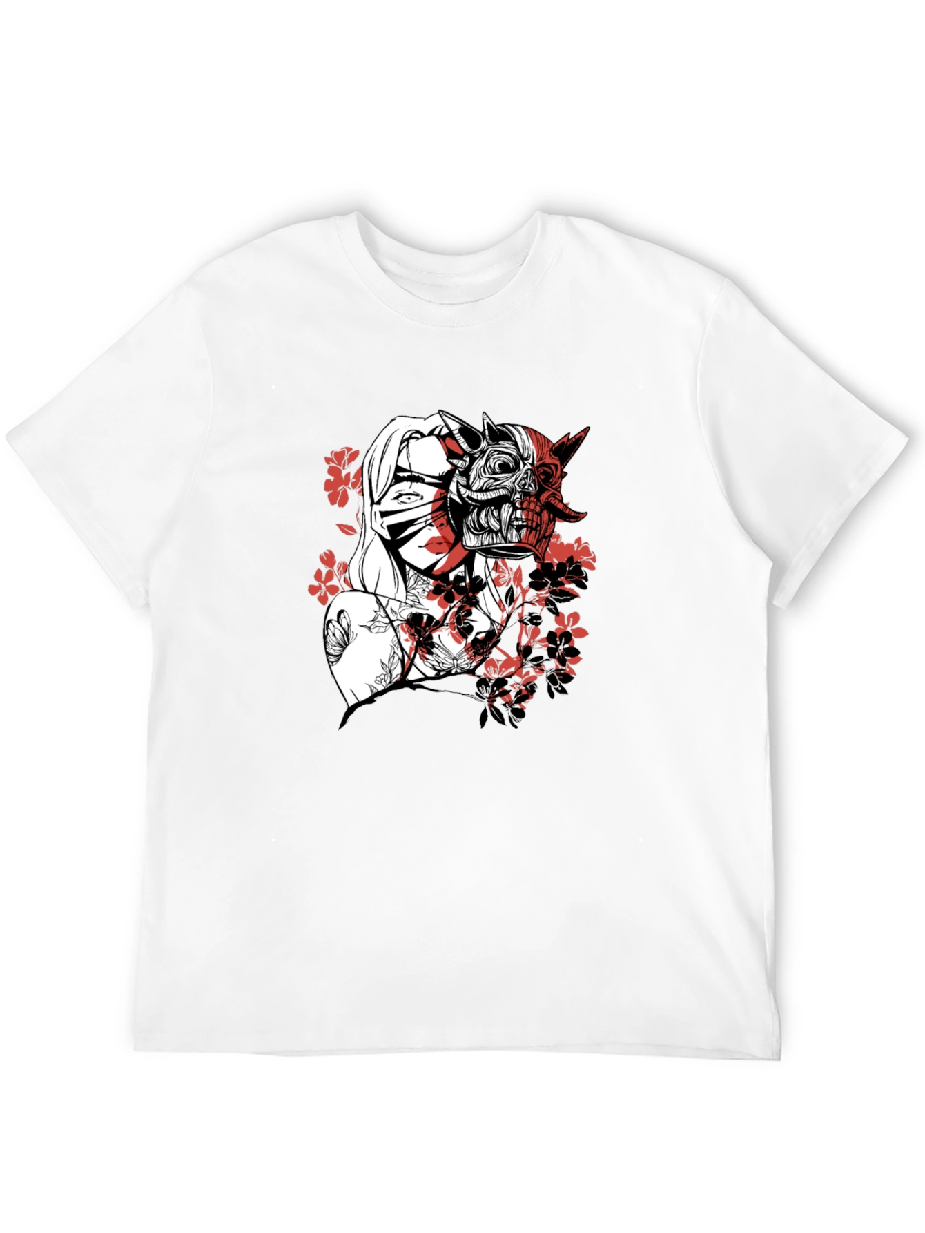 Black Men's Graphic Tee - Samurai Girl & Skull Design view 12