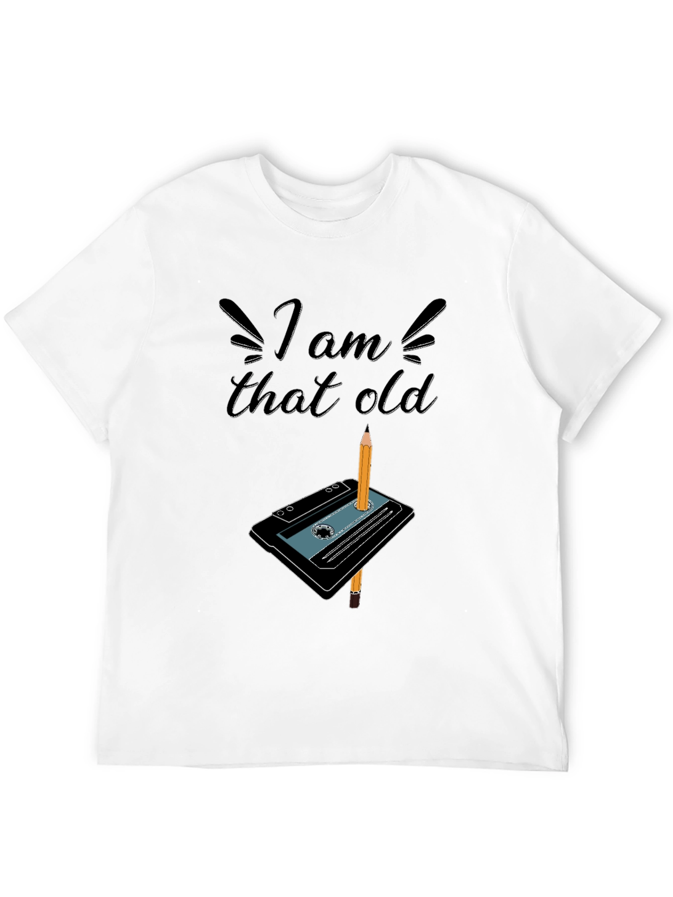 Black I Am That Old Cassette Tape & Pencil Graphic T-Shirt view 12
