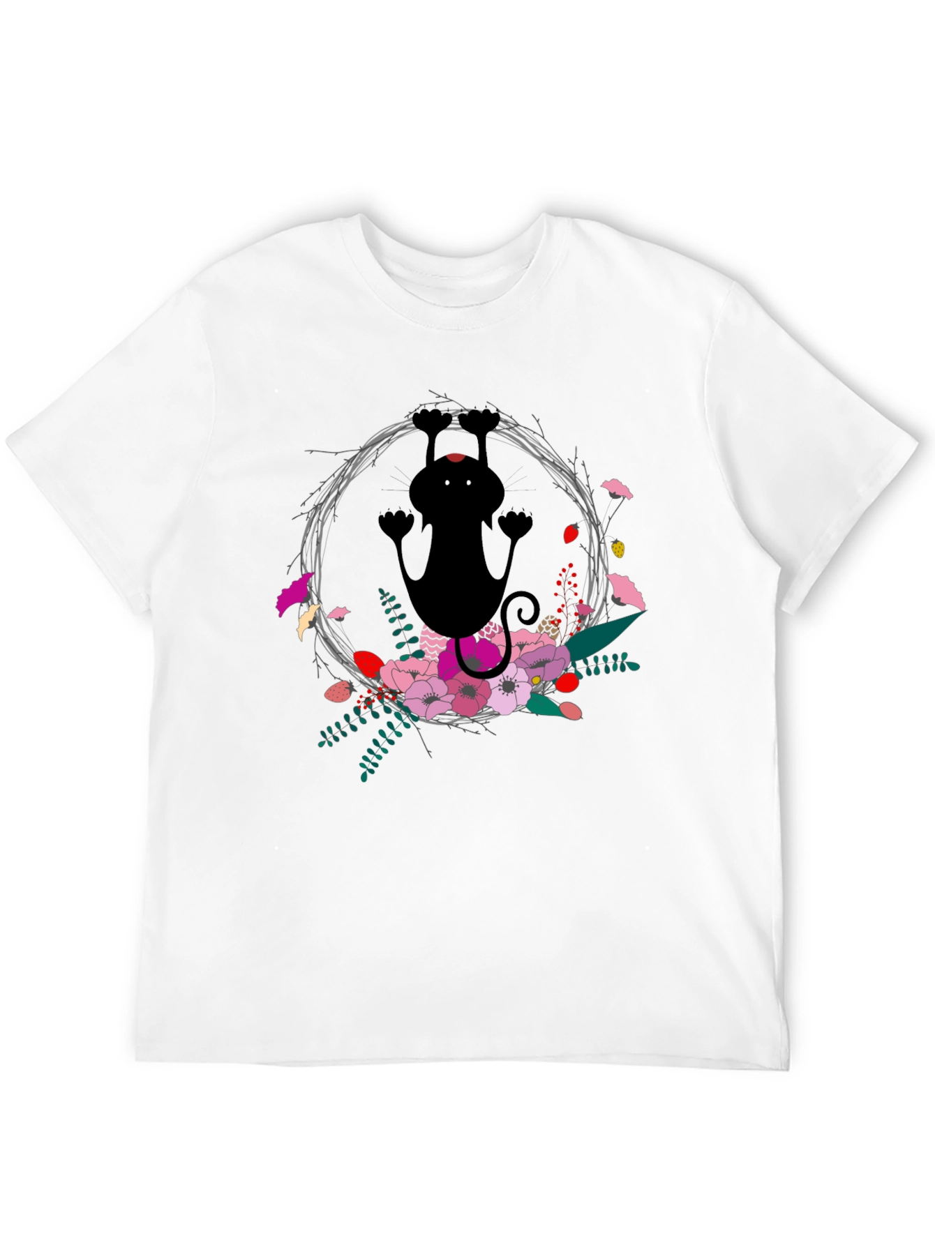 Black Floral Cat Black T-Shirt - Fun & Unique Design view 12