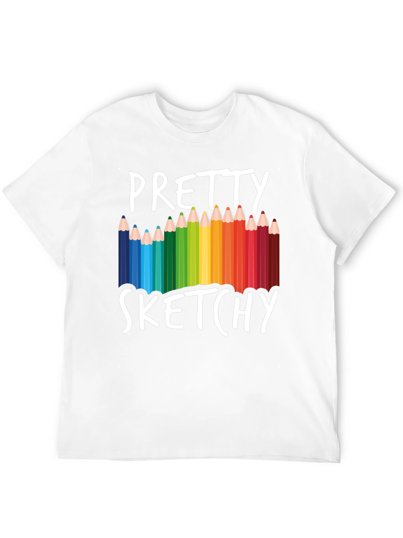 Black Pretty Sketchy T-Shirt, Colorful Pencil Design Tee view 12