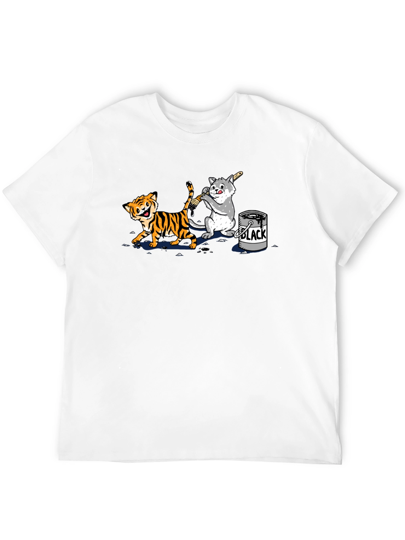 Black Funny Cartoon Cat and Tiger Black T-Shirt view 12