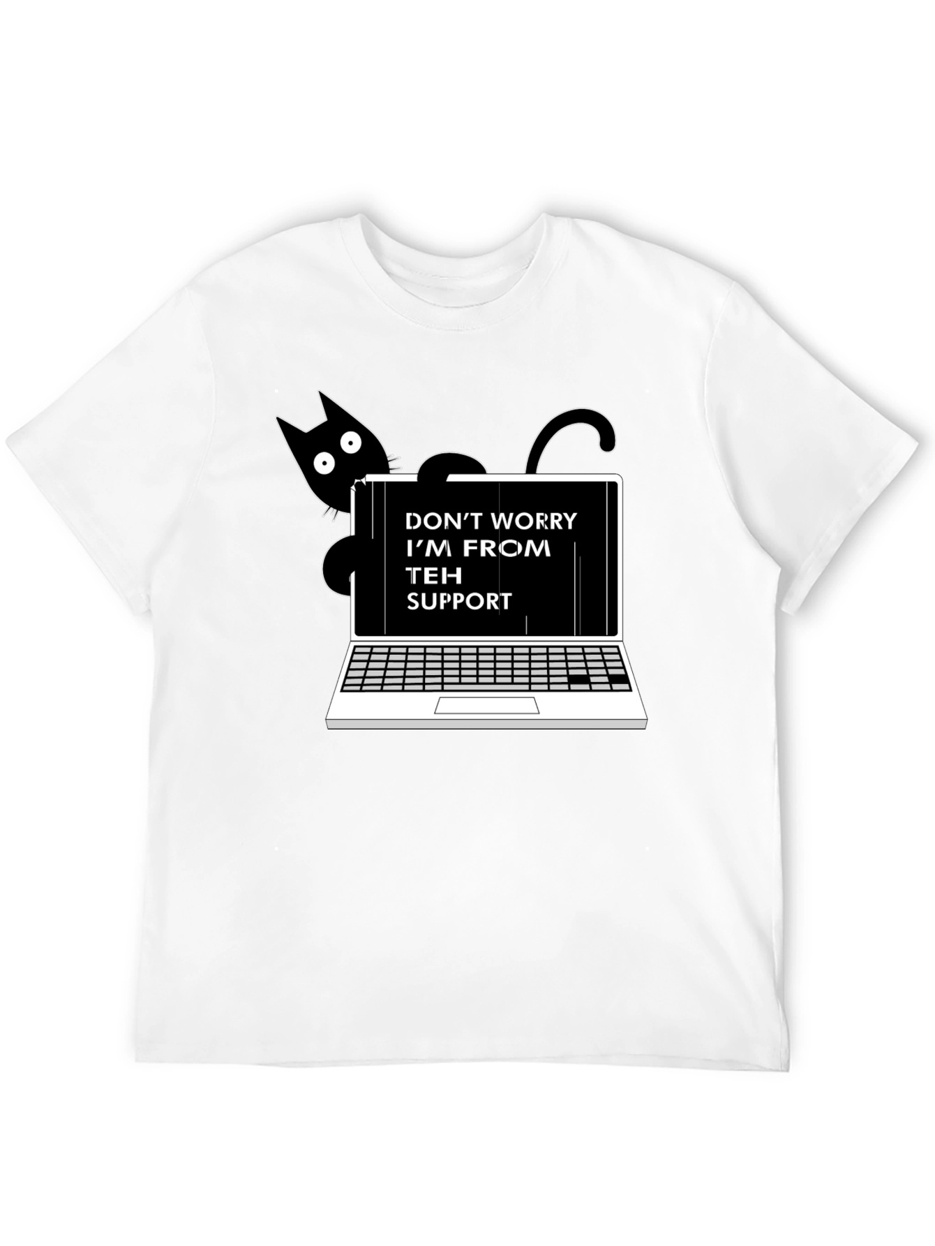 Black Funny "Teh Support" Cat Laptop Graphic Tee view 12