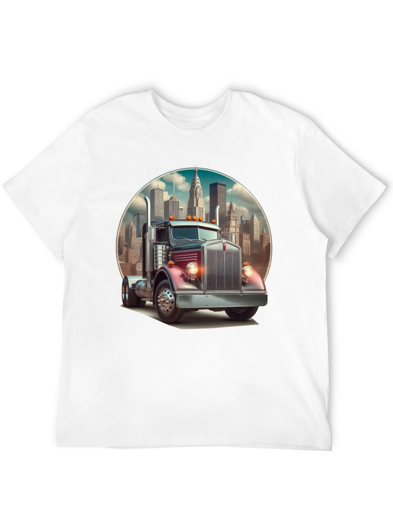 Black Trucker Tee: Vintage Big Rig & Cityscape view 12