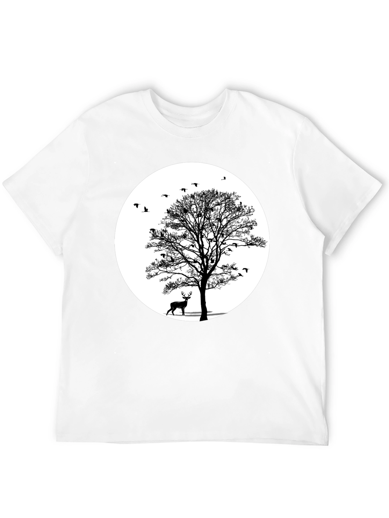 Black Nature Scene Graphic Tee - Deer and Birds view 12