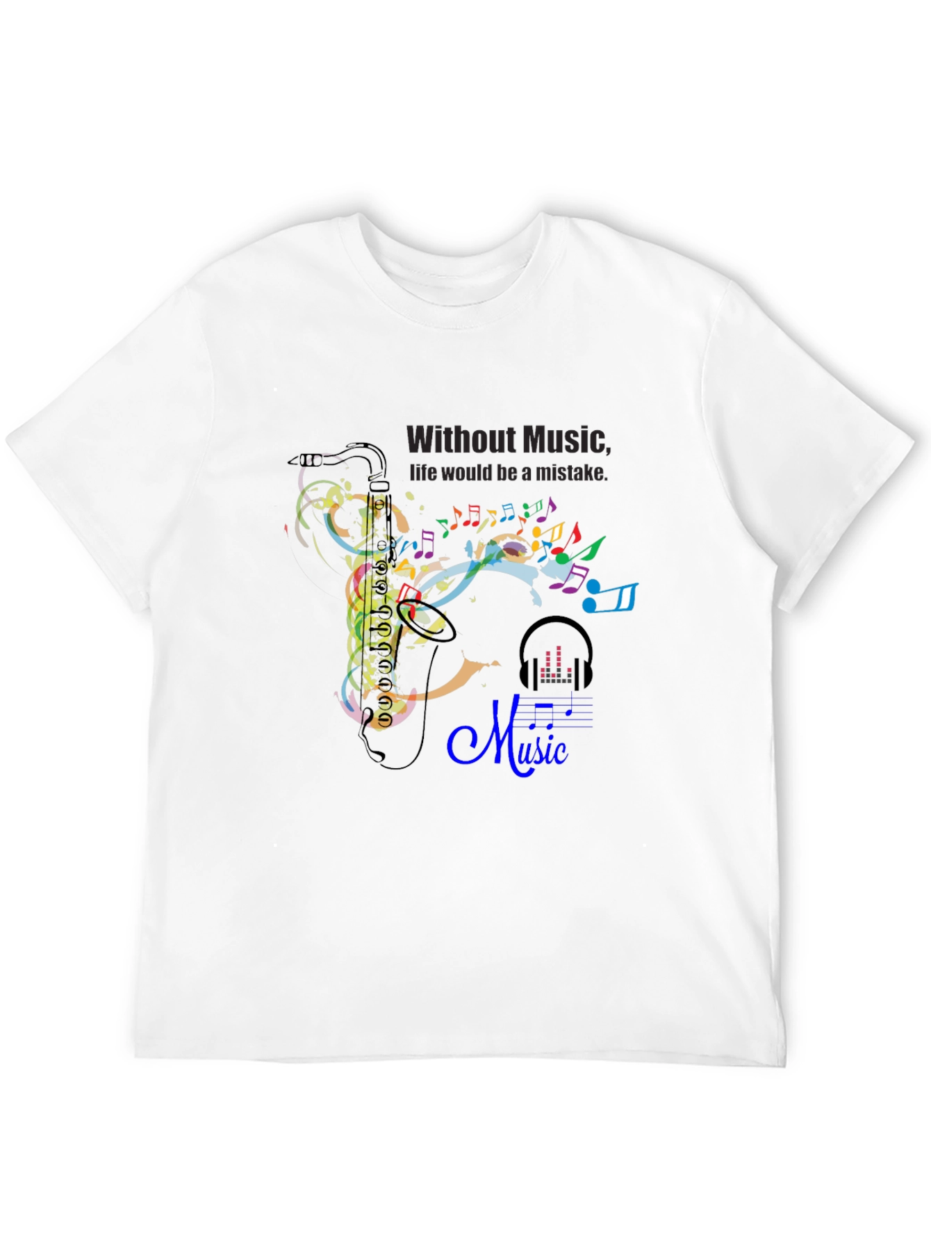 Black Music Lover's Tee: Saxophone & Notes Graphic Black T-Shirt view 12