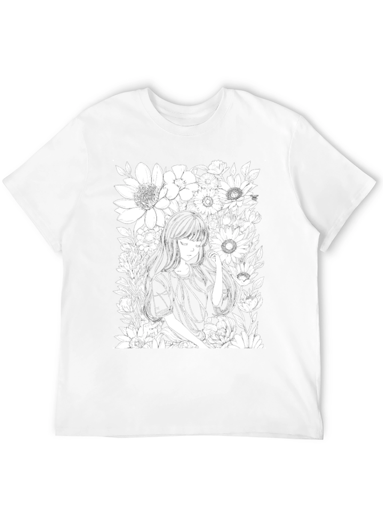 Black Anime Girl Floral T-Shirt - Black Cotton Tee view 12