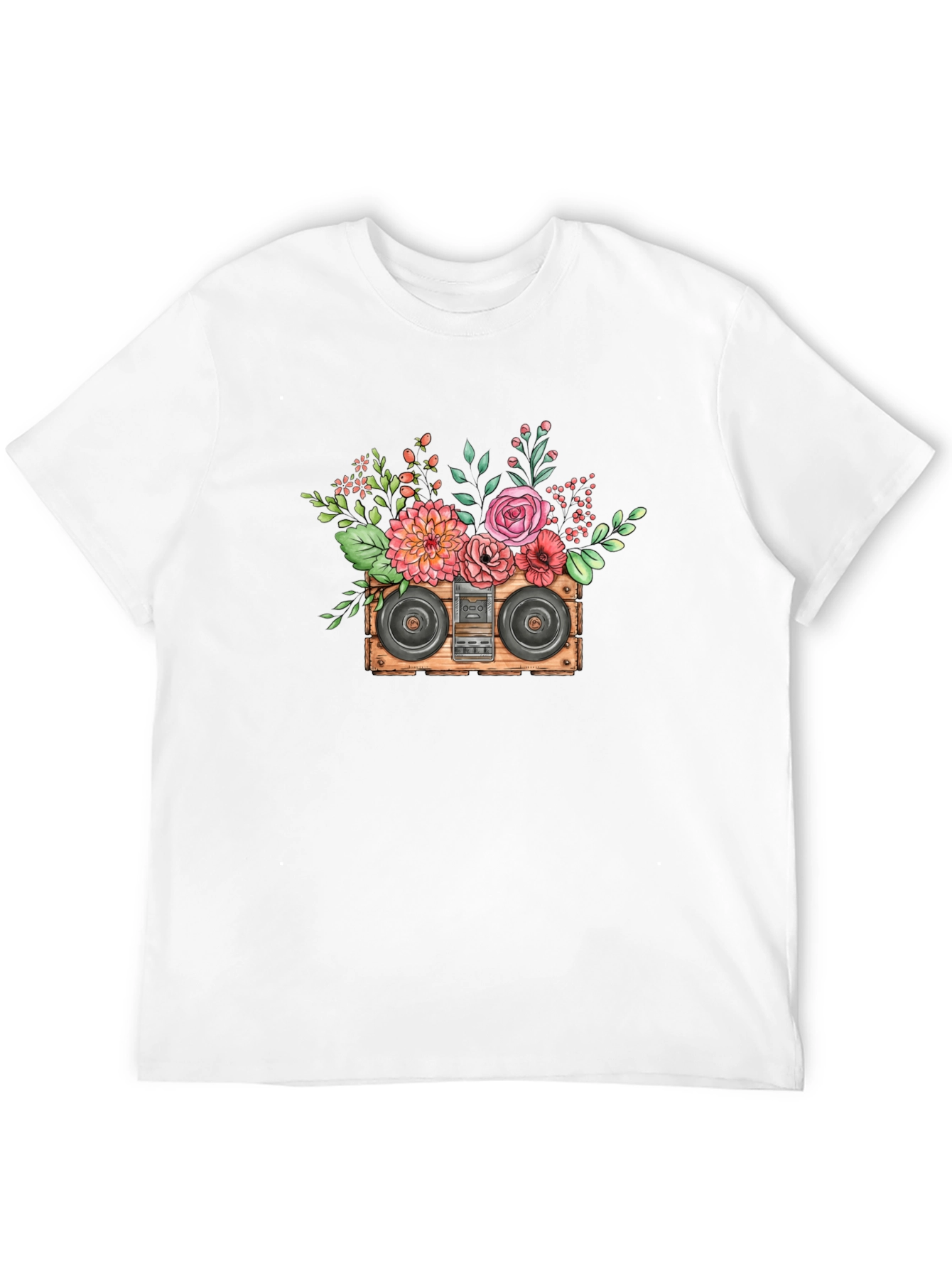 Black Floral Boombox Graphic Tee - Retro Music Style view 12