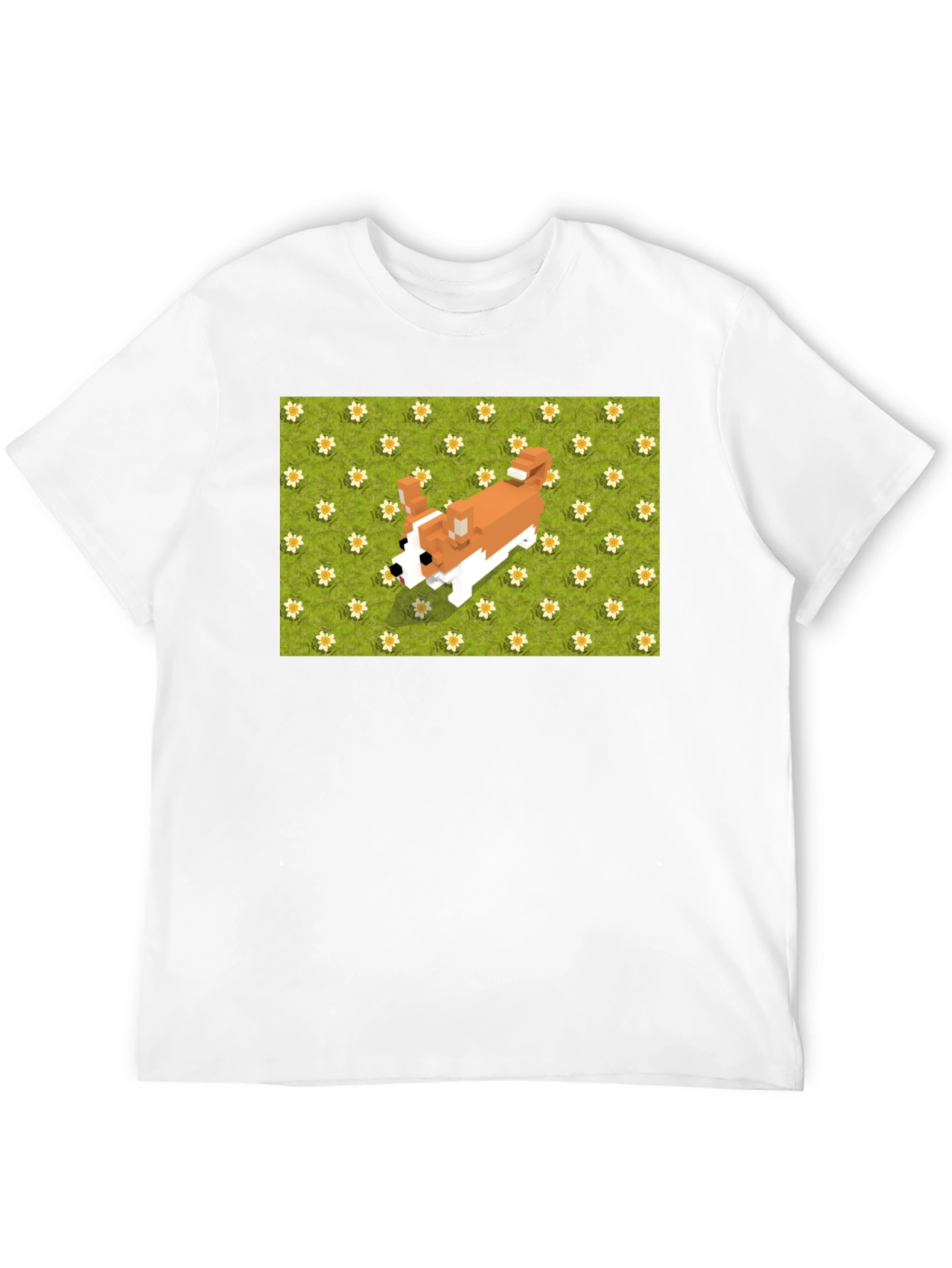 Black Pixel Dog T-Shirt - Corgi on Flowers view 12