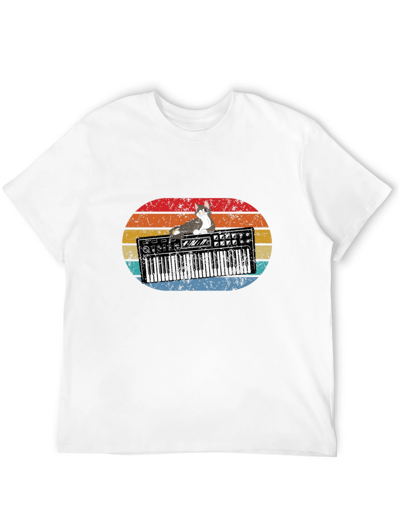Black Retro Cat Keyboardist T-Shirt view 12
