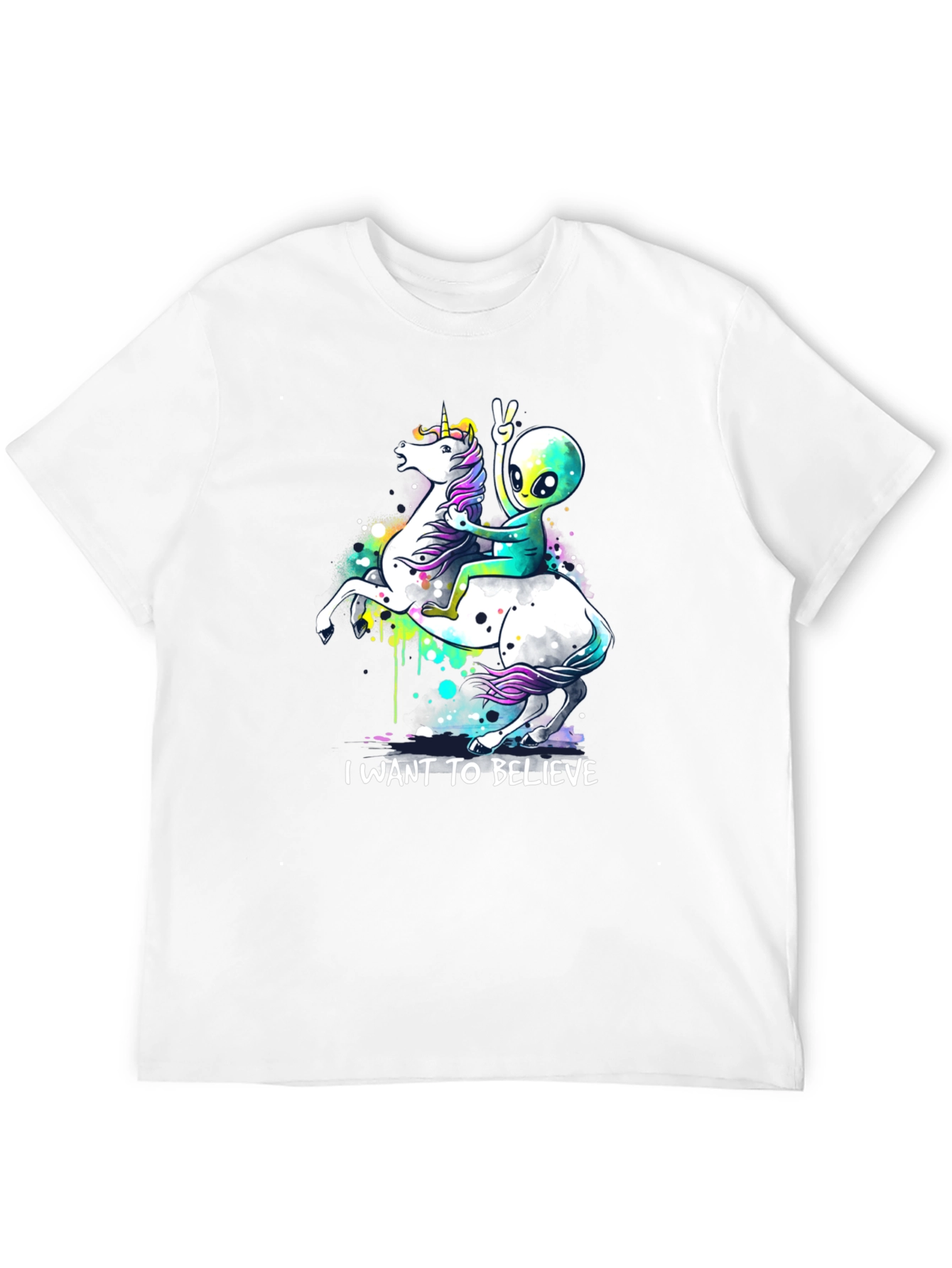 Black Alien Riding Unicorn T-Shirt - I Want To Believe view 12