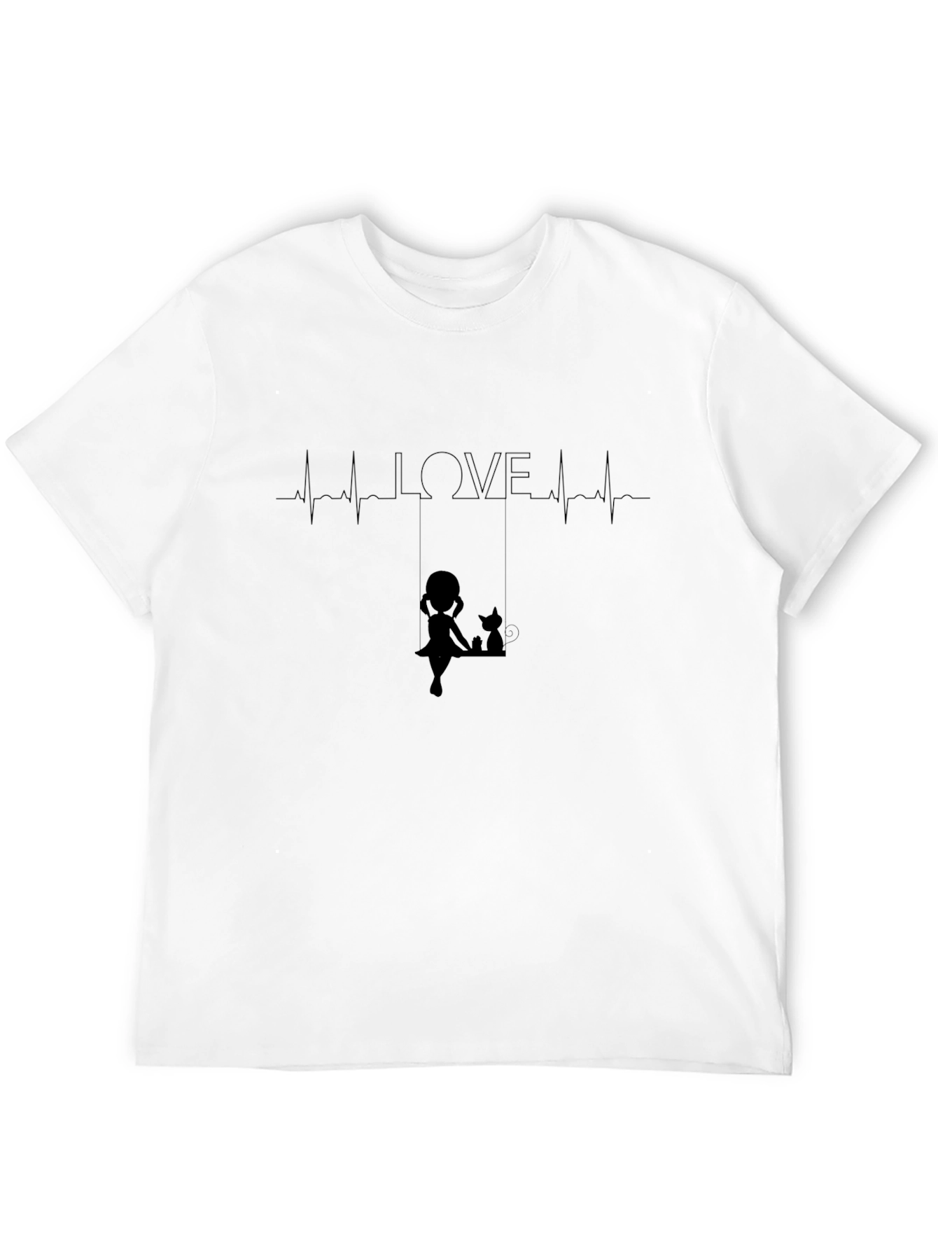Black Love Heartbeat Girl and Cat on Swing Black T-Shirt view 12