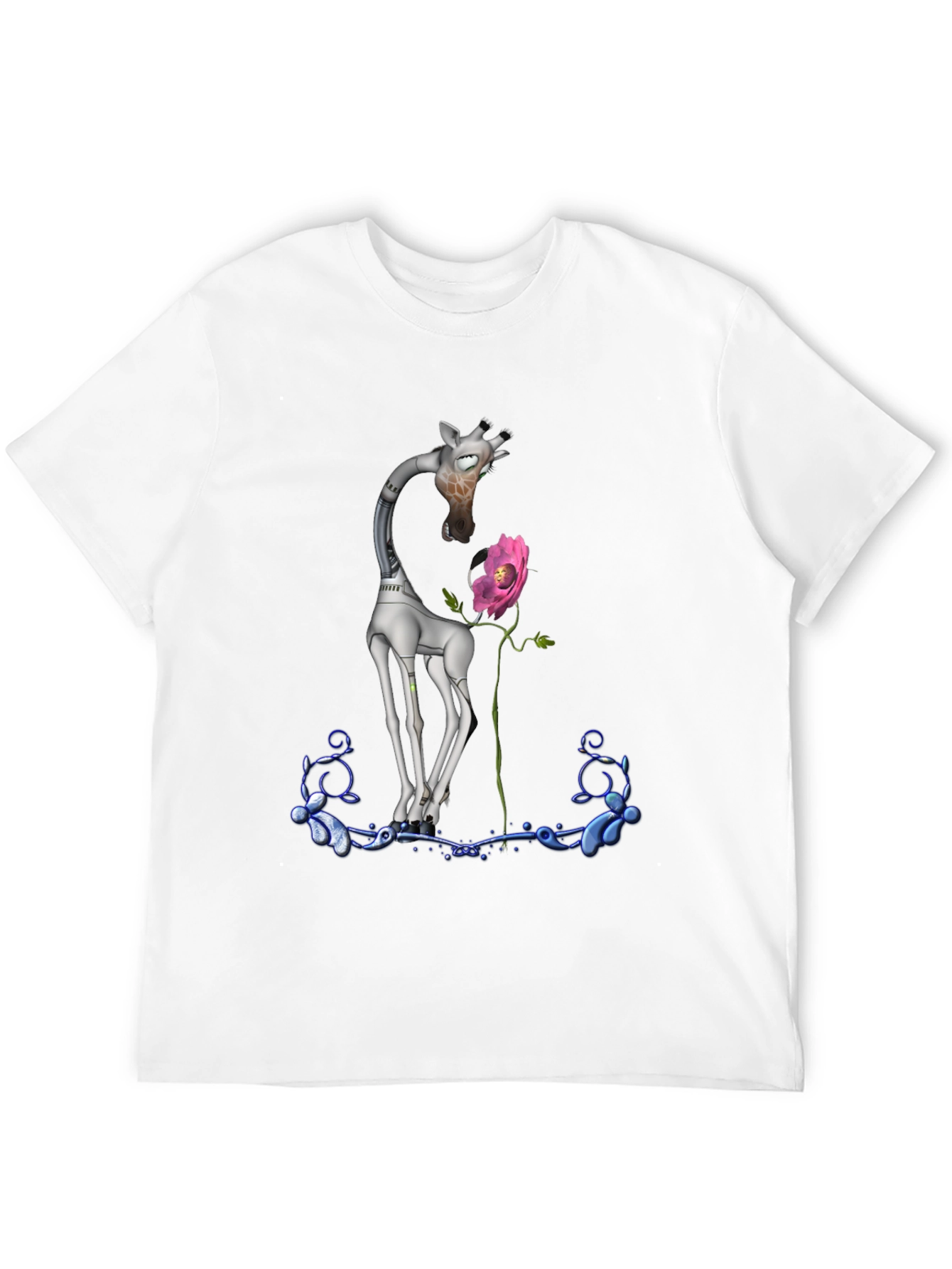 Black Robotic Giraffe & Flower Graphic Tee - Quirky Black T-Shirt view 12