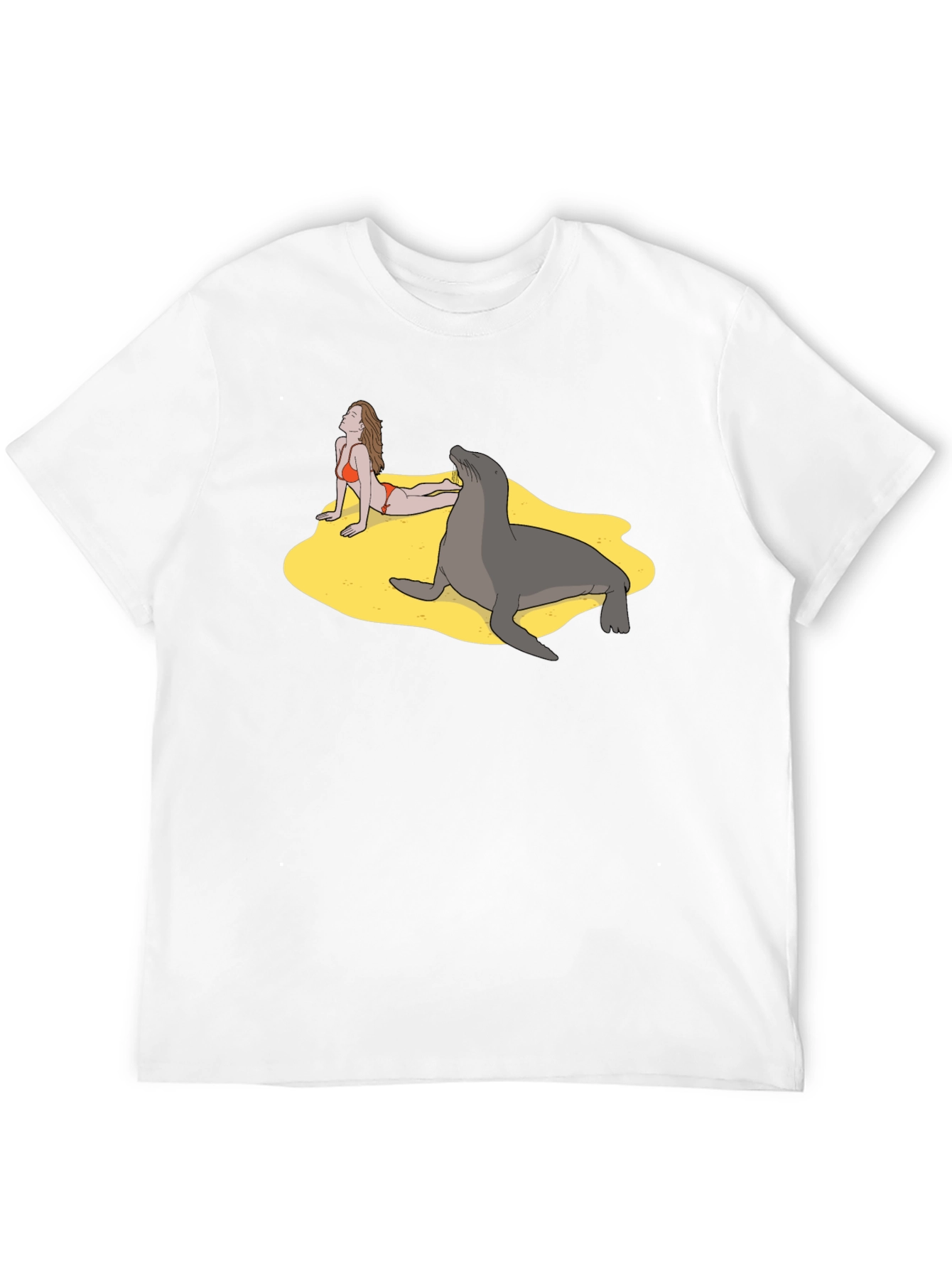 Black Funny Beach T-Shirt with Woman and Seal view 12