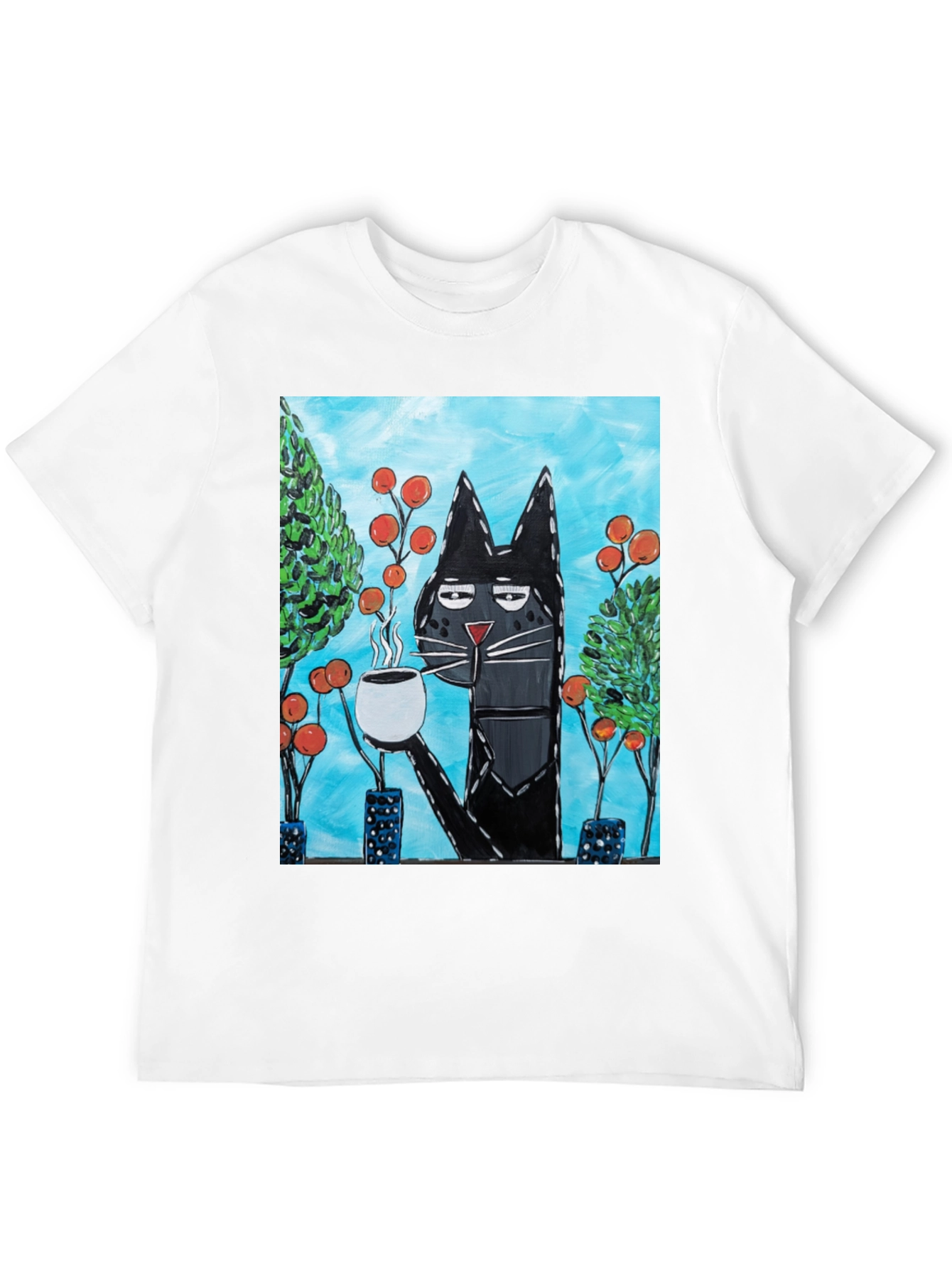 Black Cool Cat Sipping Coffee T-Shirt view 12