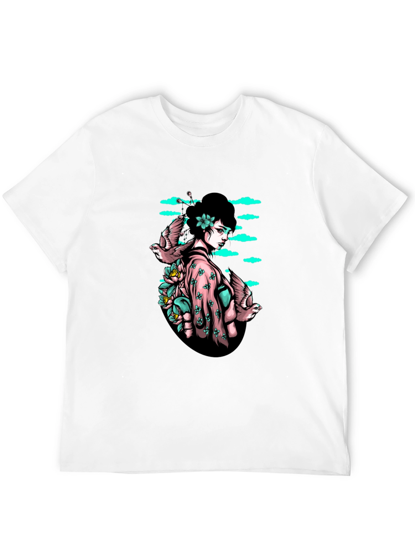 Black Geisha & Birds Graphic Tee - Unique Black T-Shirt view 12