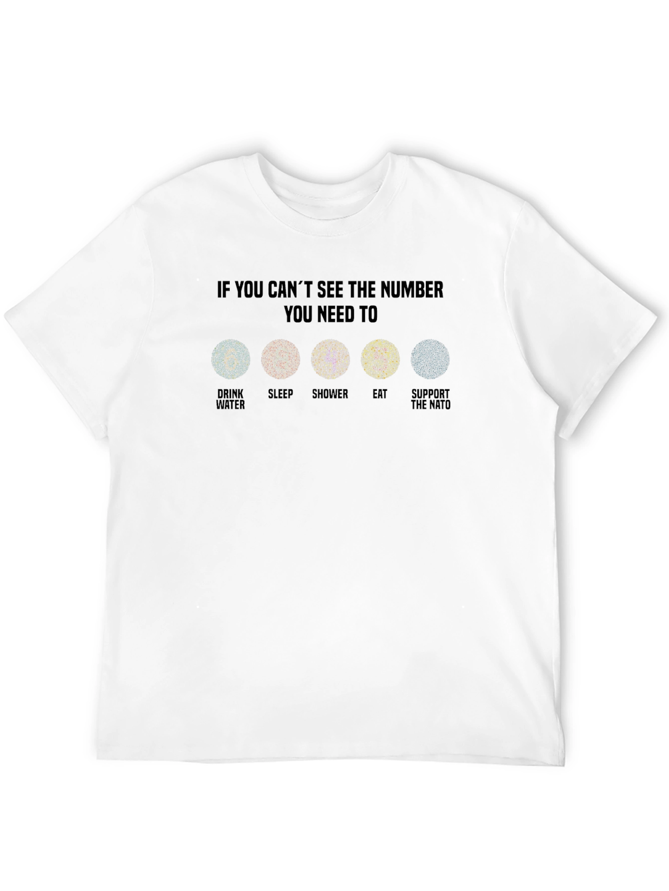 Black Colorblind Test Funny T-Shirt - Drink, Sleep, Shower, Eat, NATO view 12