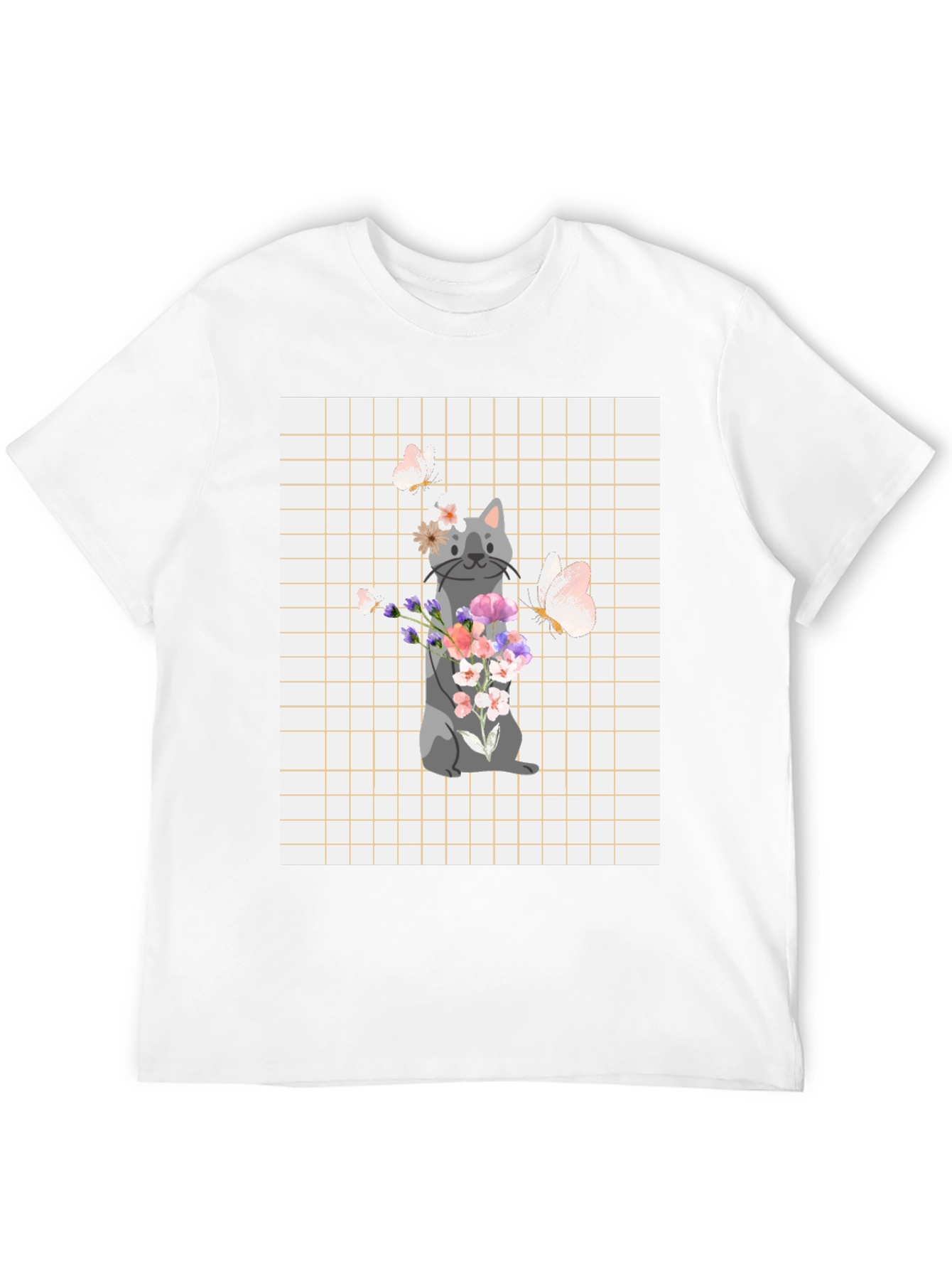 Black Cute Cat with Flowers Graphic T-Shirt view 12