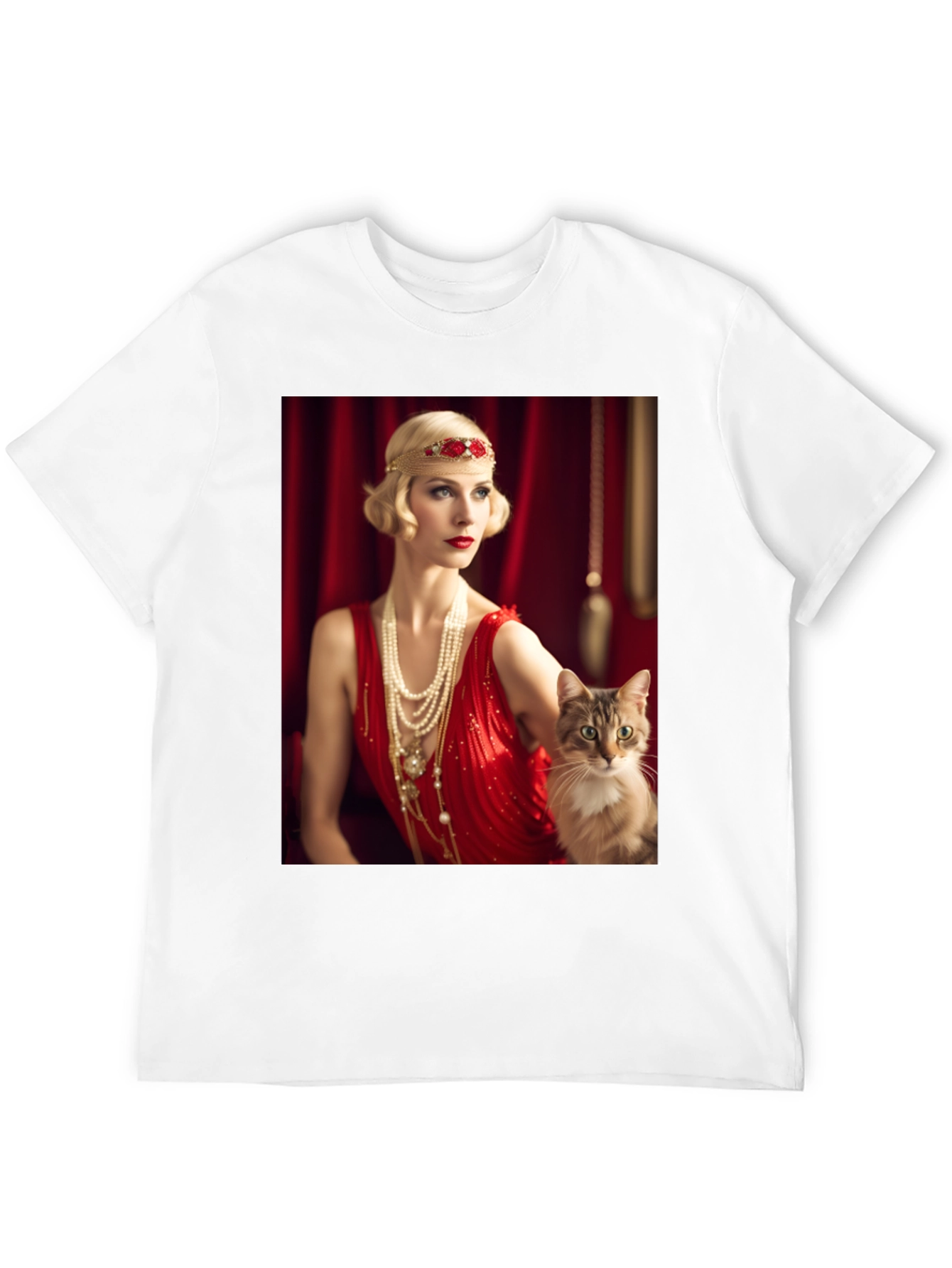 Black Retro Glam T-Shirt: Woman & Cat view 12