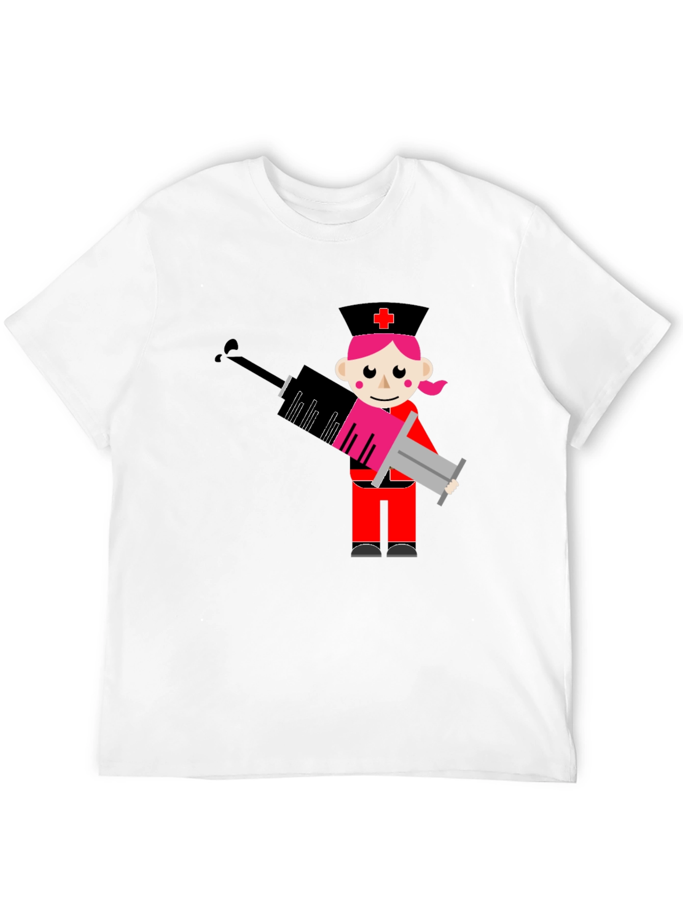 Black Cartoon Nurse Syringe Graphic T-Shirt - Black Cotton Tee view 12