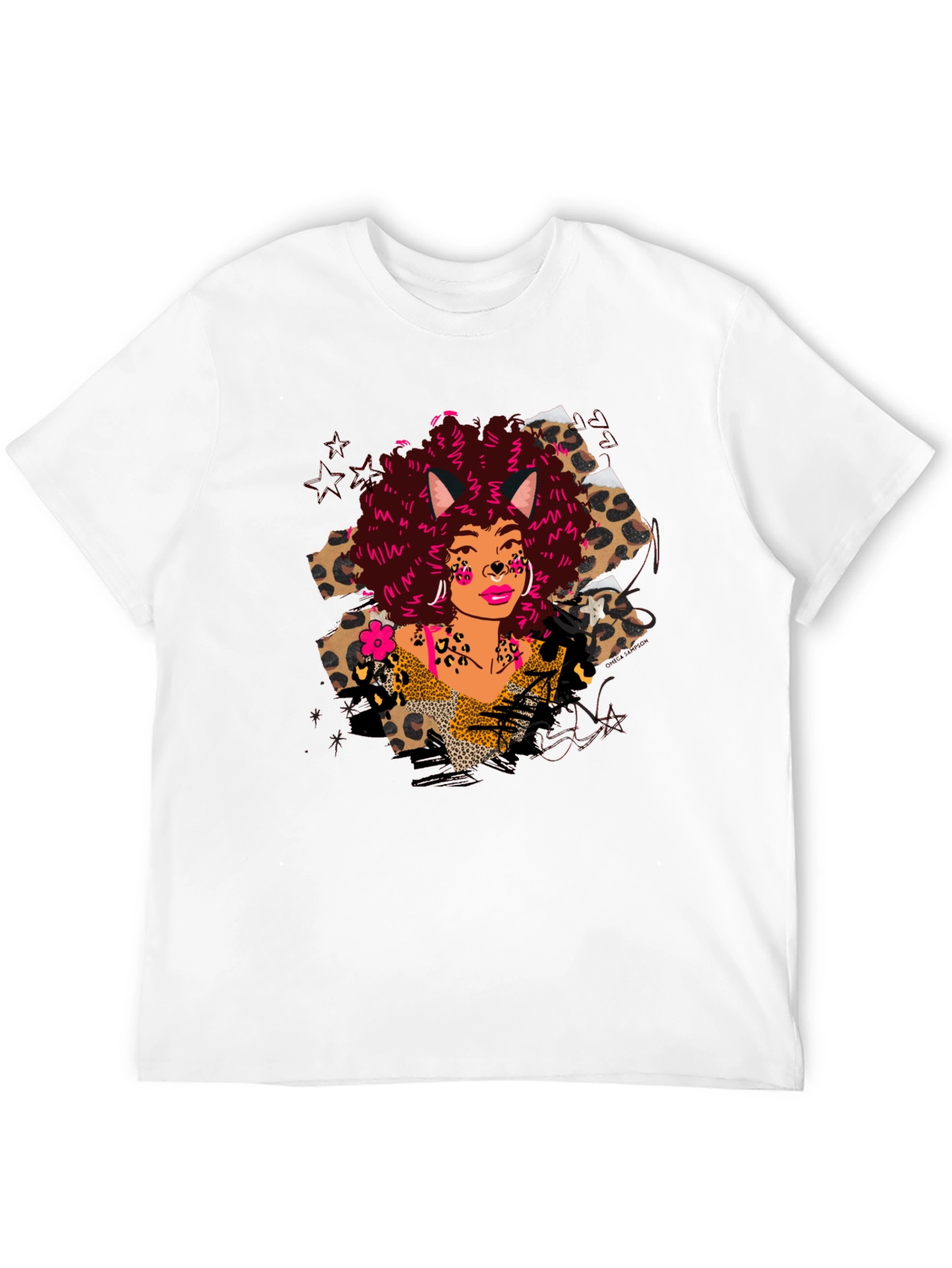 Black Leopard Print T-Shirt with Afro Cat Lady Design view 12