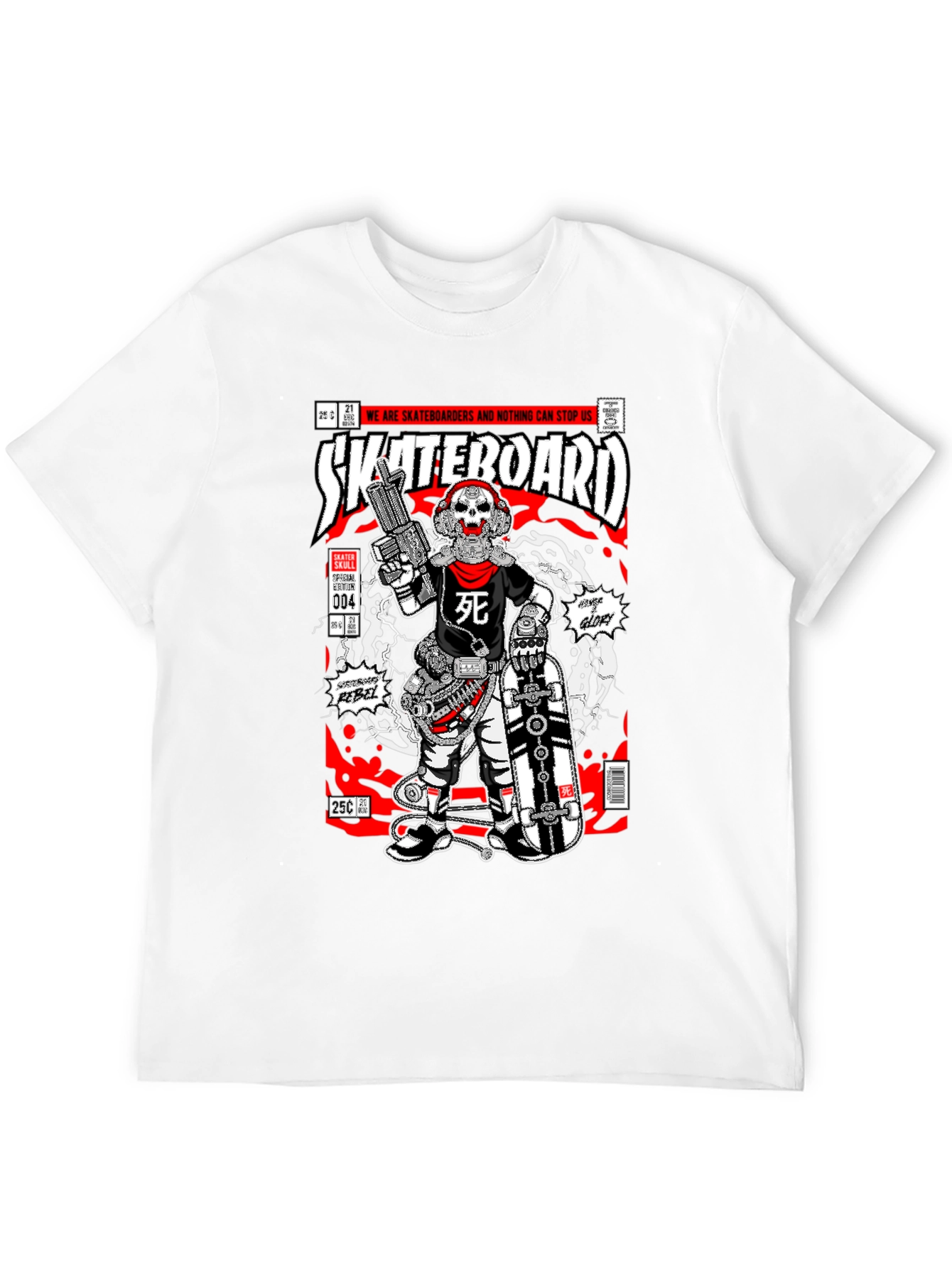 Black Skateboarder Skull Comic Graphic T-Shirt view 12