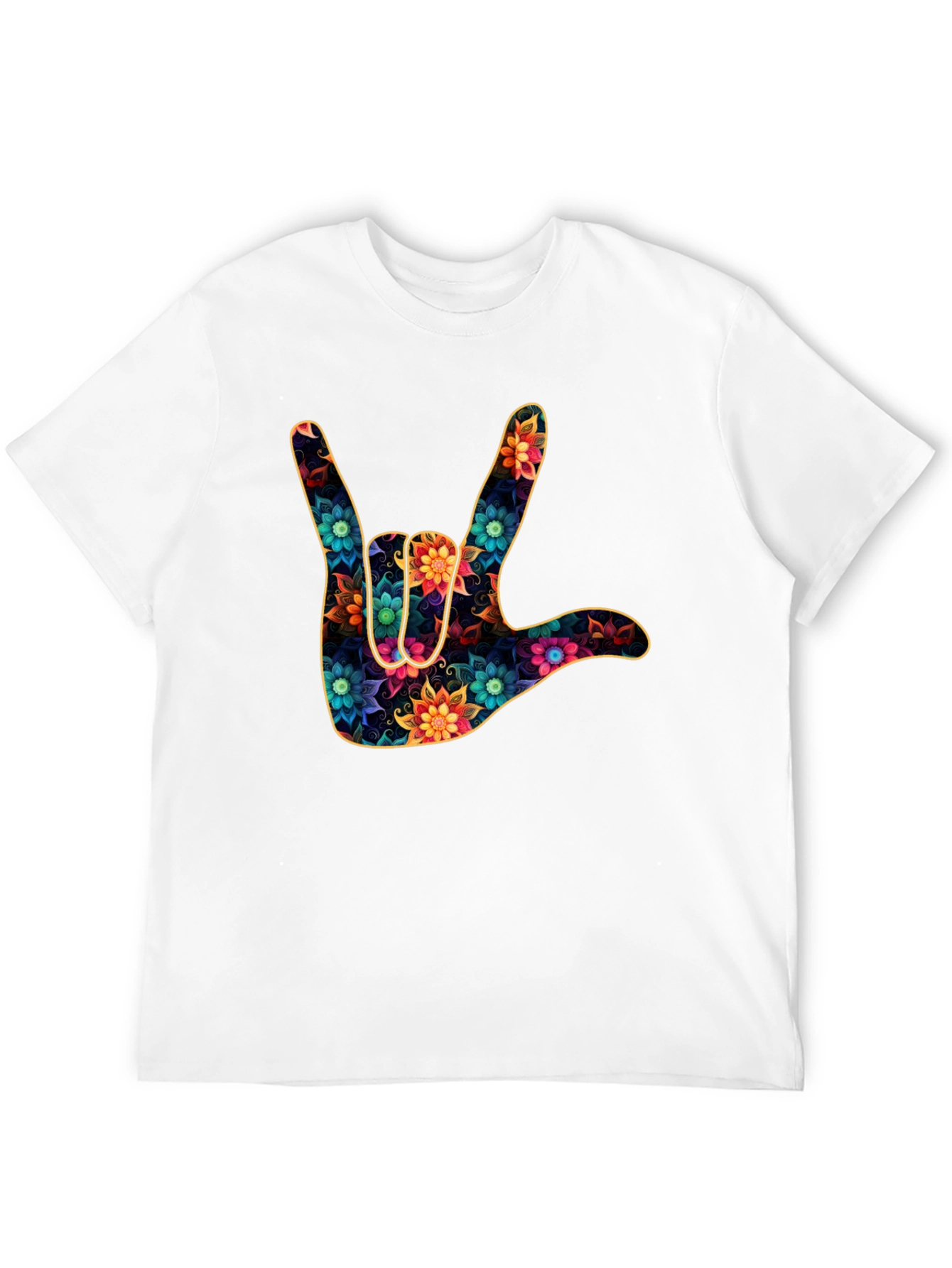Black Floral "I Love You" Hand Sign Black T-Shirt view 12