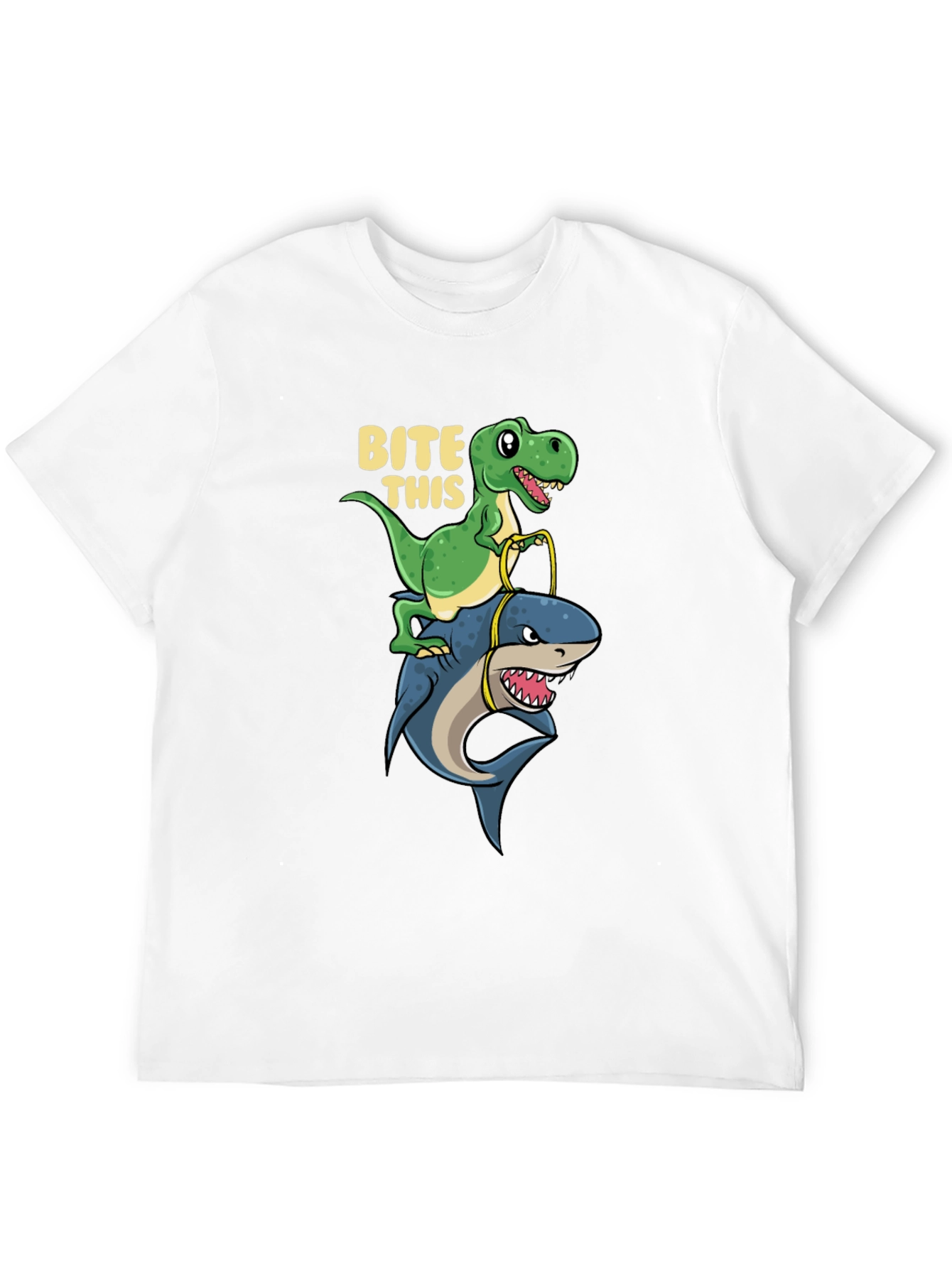 Black Dino Riding Shark T-Shirt - Bite This Funny Graphic Tee view 12