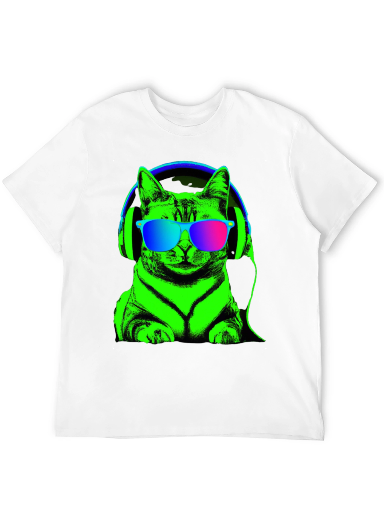Black Cool Cat Tee: Neon Cat with Headphones T-Shirt view 12