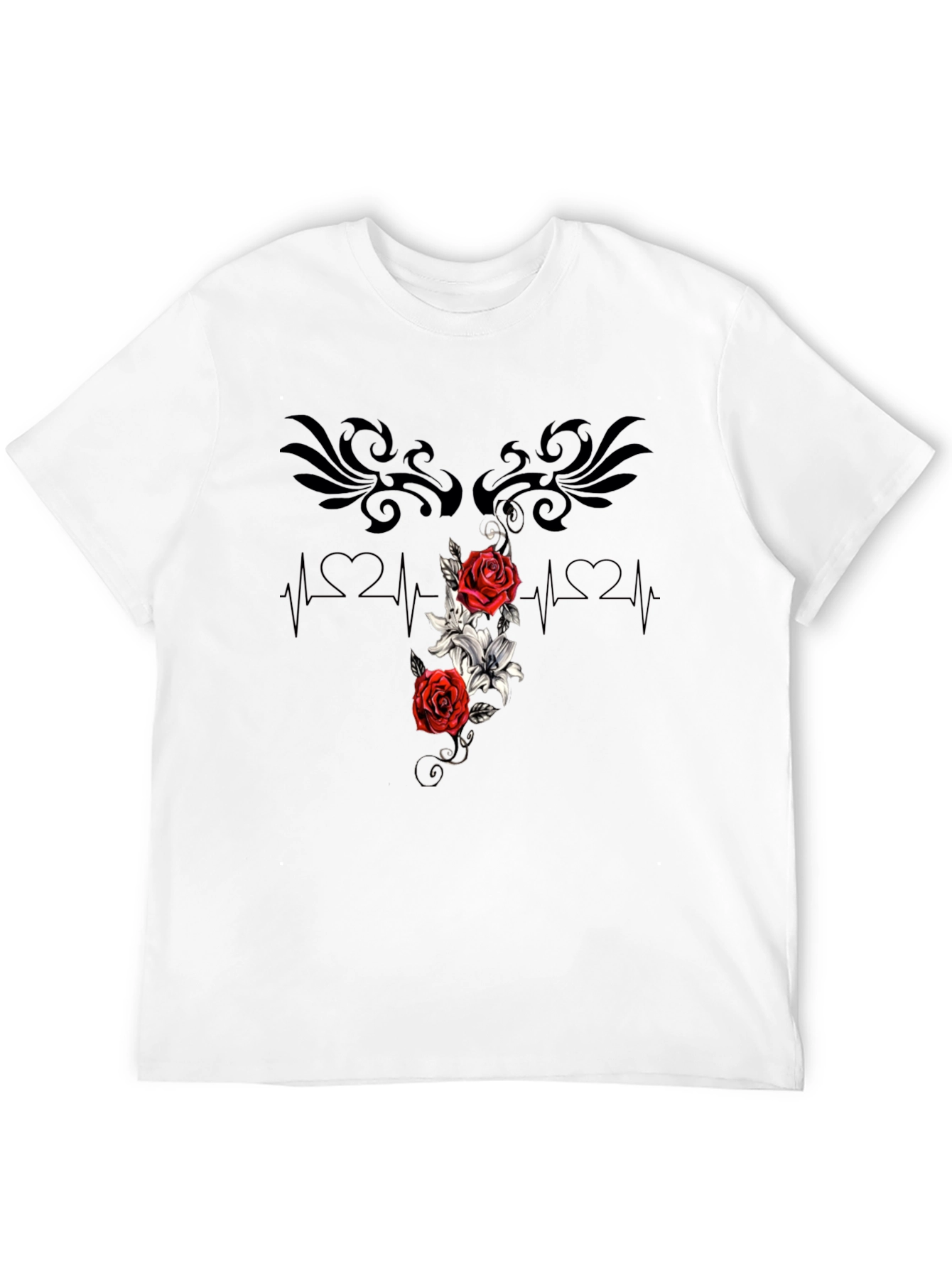 Black Floral Heartbeat T-Shirt - Stylish Graphic Tee view 12