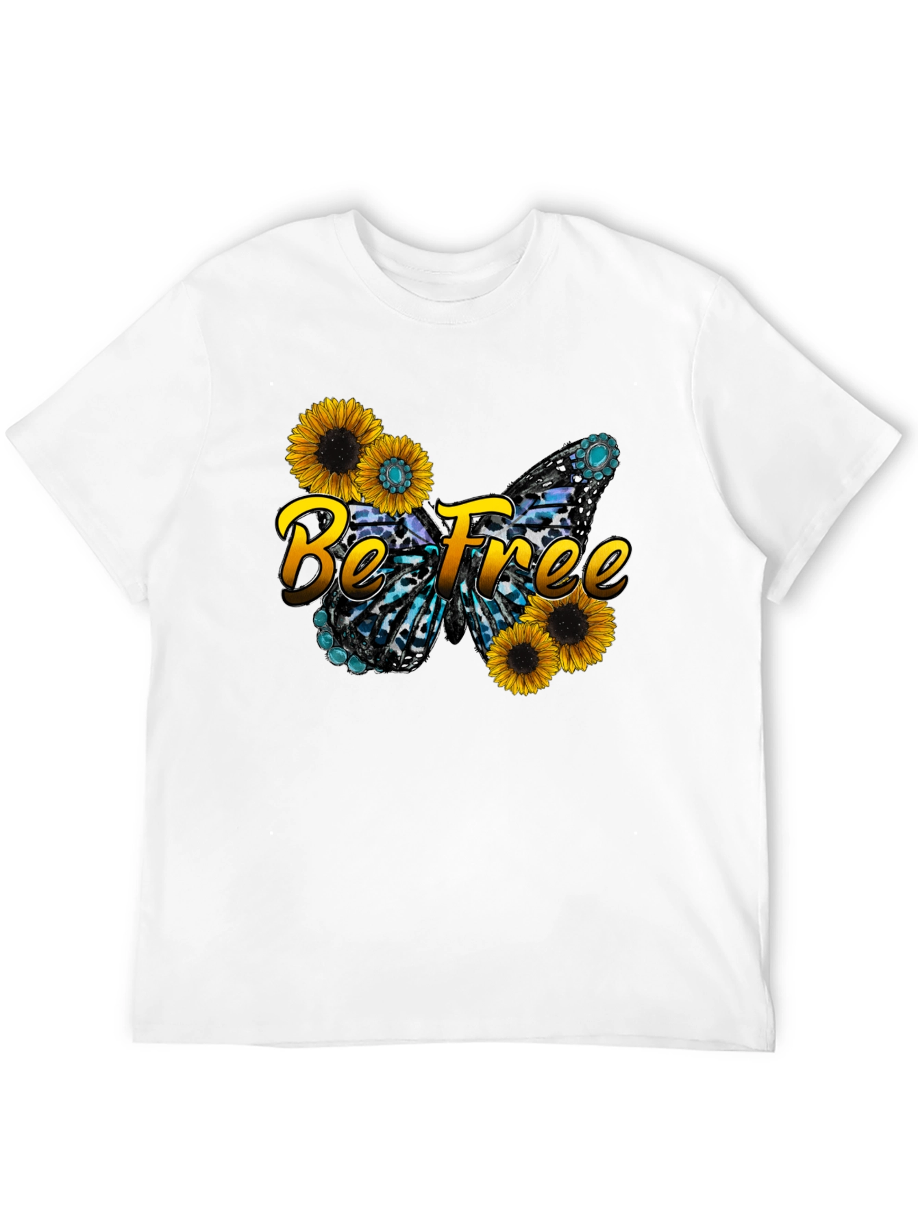 Black Be Free Sunflower Butterfly Graphic Black T-Shirt view 12
