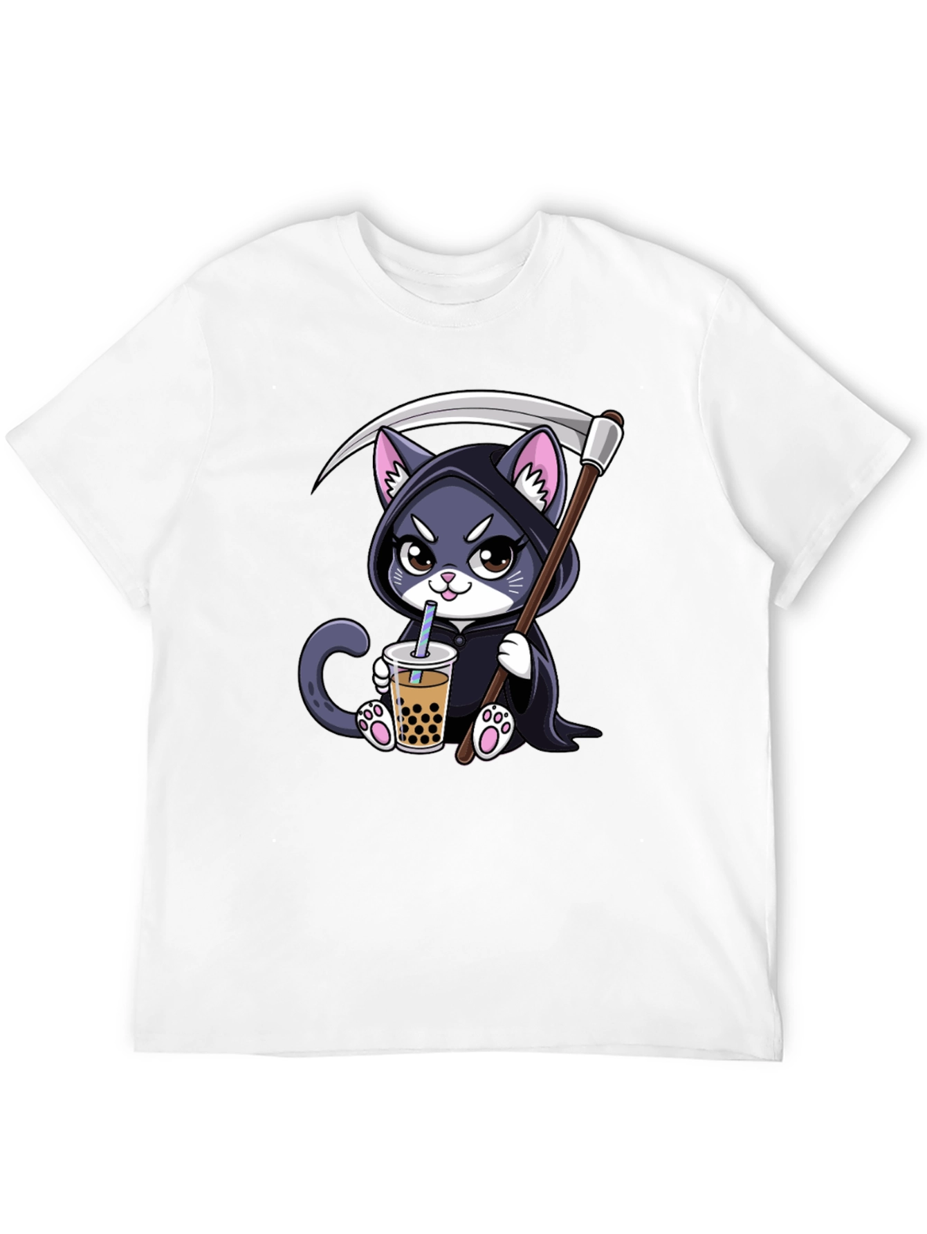 Black Grim Reaper Kitty Boba Tea T-Shirt view 12