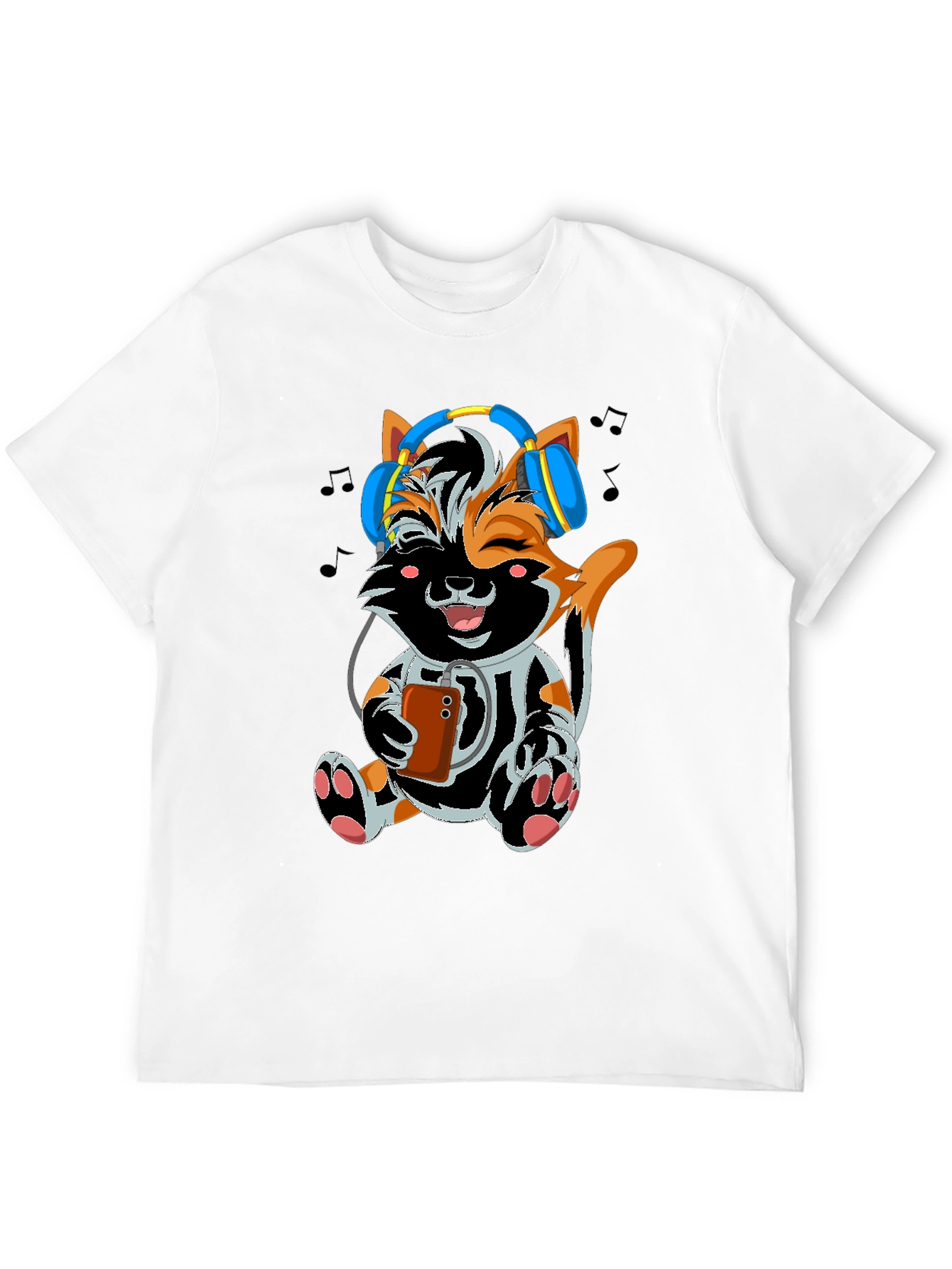 Black Cute Cat with Headphones Black T-shirt view 12