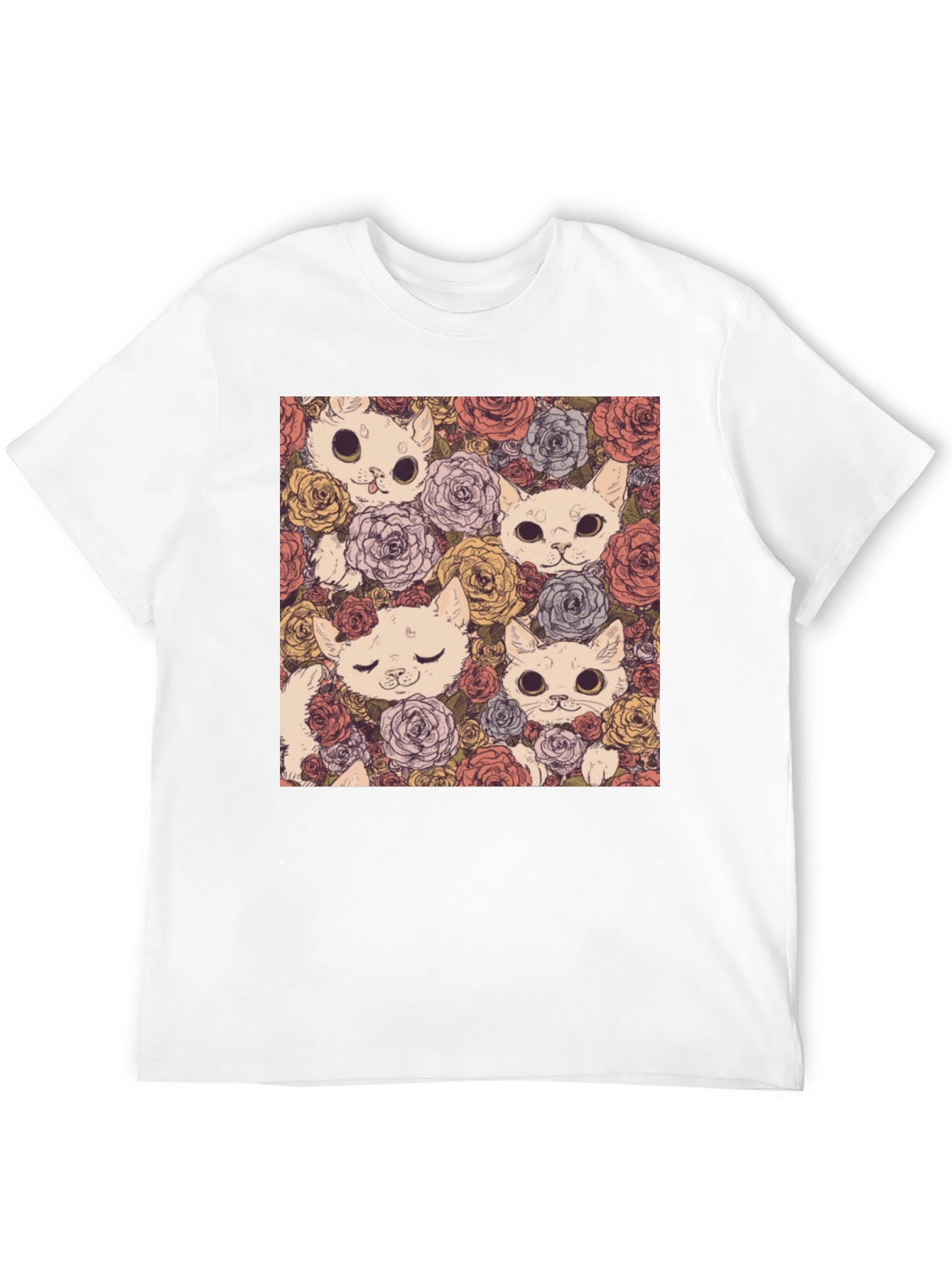 Black Floral Cat Print Black T-Shirt view 12