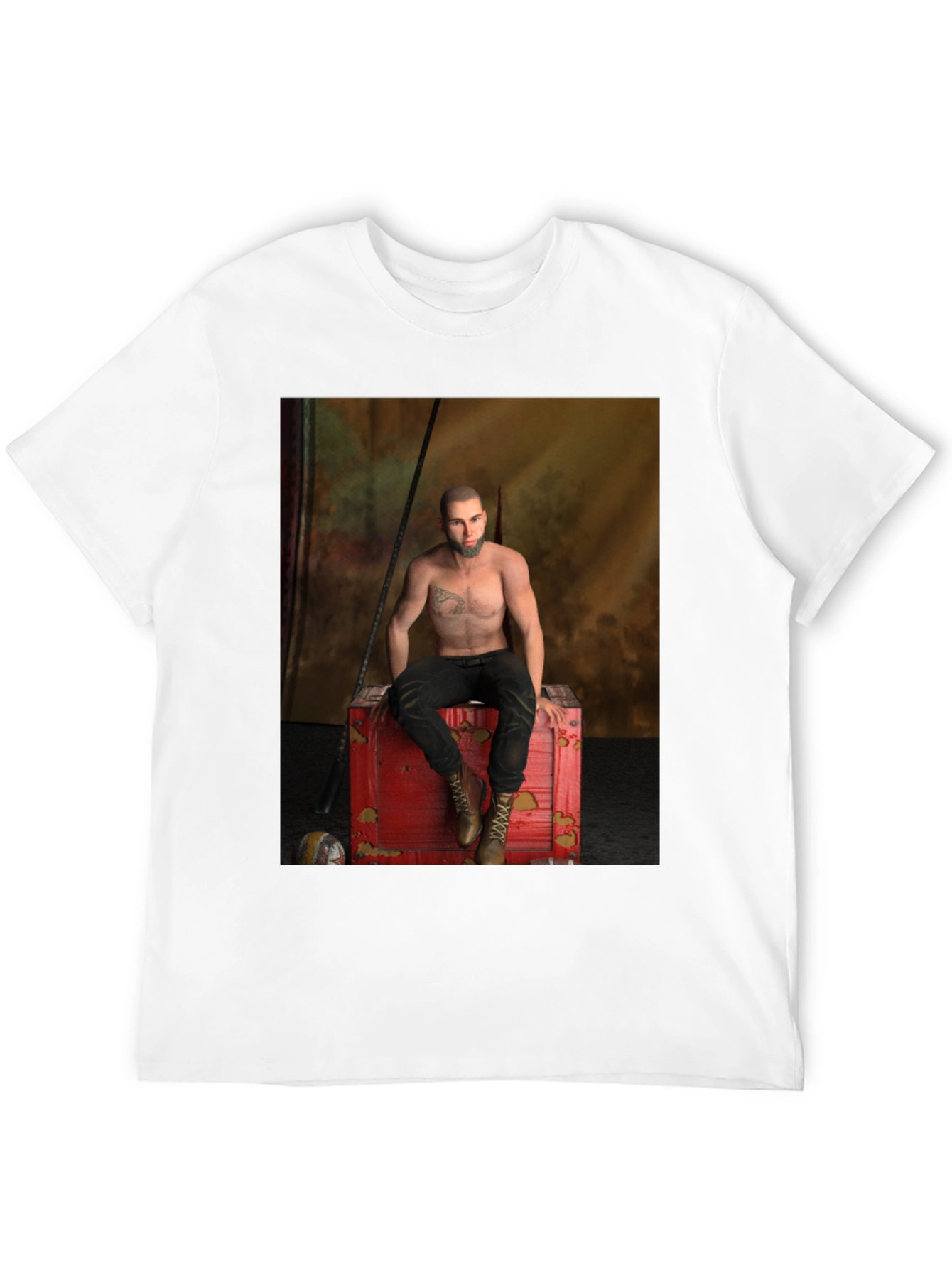 Black Men's Black Graphic T-Shirt - Tattoo Chest Man on Red Box view 12