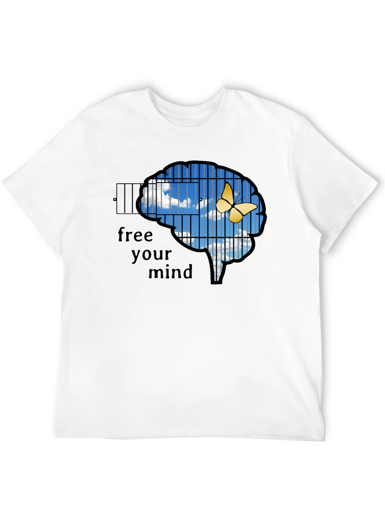 Black Free Your Mind T-Shirt: Brain Cage & Butterfly Graphic Tee view 12