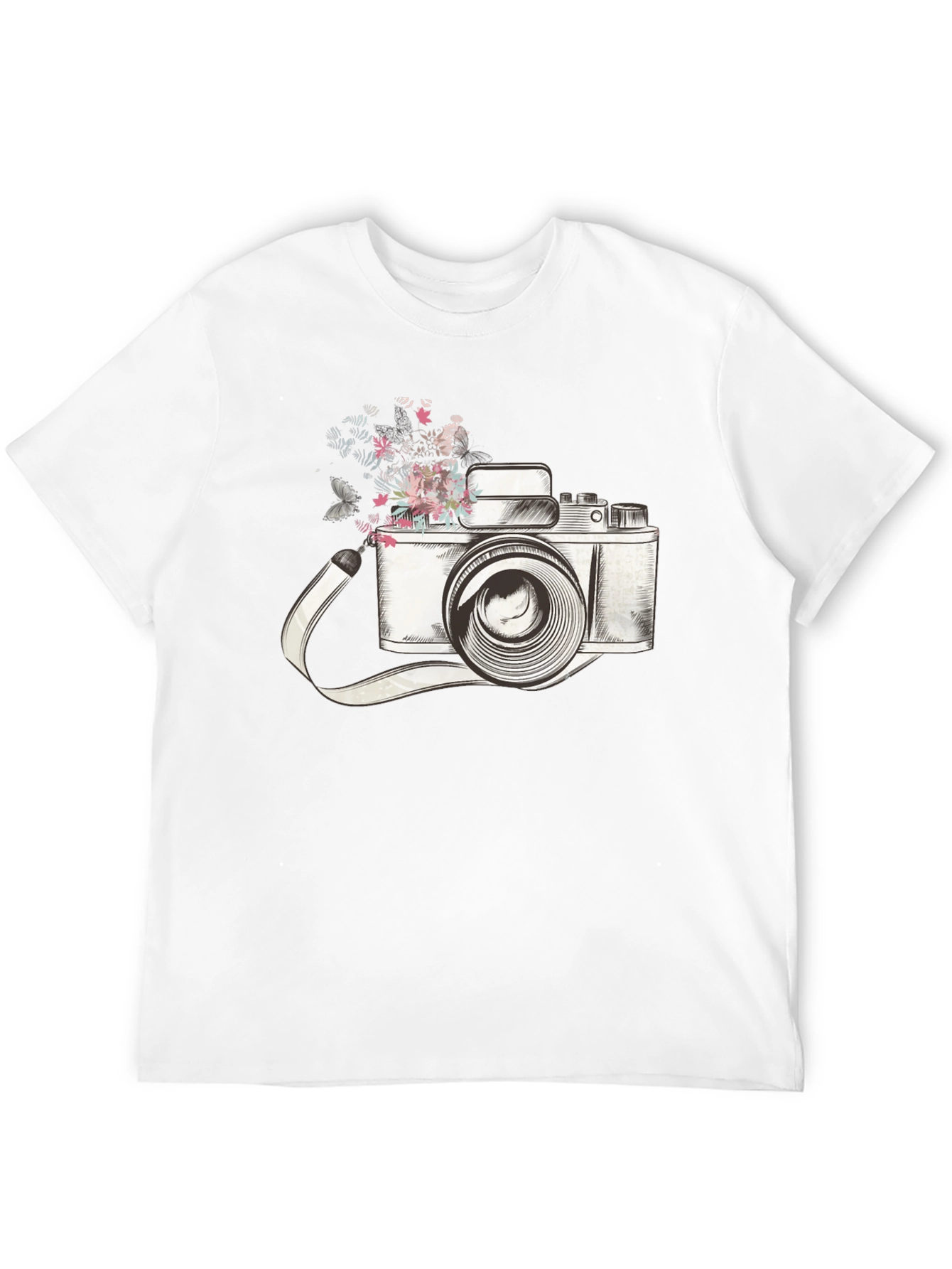 Black Floral Camera Graphic Tee - Trendy Unisex T-Shirt view 12