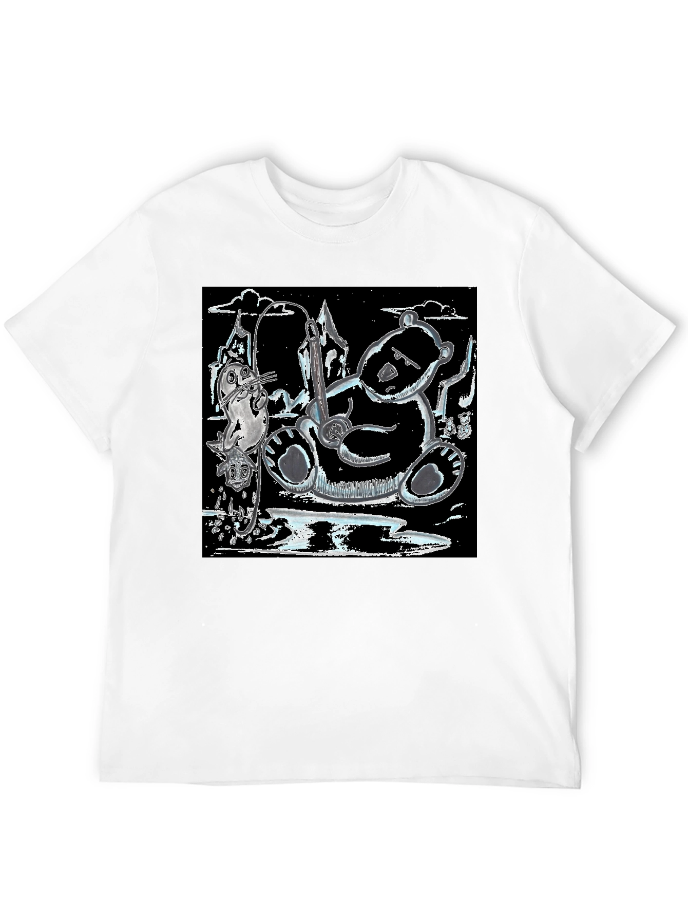 Black Unique Graphic Tee: Bear, Seal, and Musical Notes Art view 12