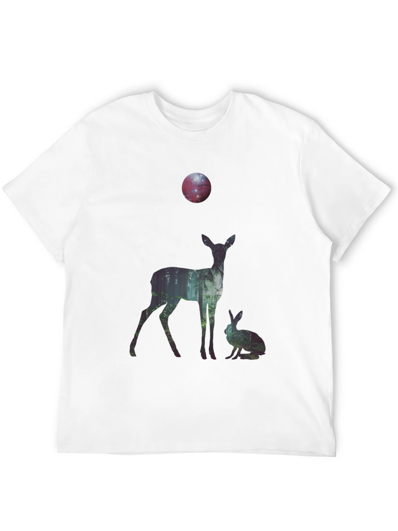 Black Nature Deer and Rabbit Graphic Print T-Shirt view 12